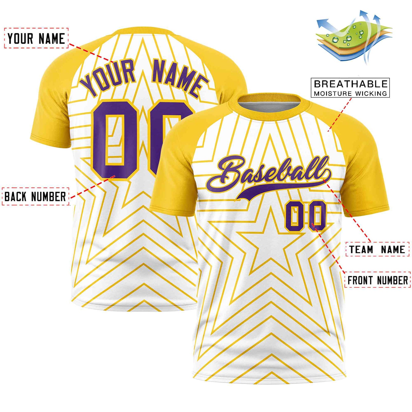 Custom White Gold Personalized Star Pattern Raglan Sleeves Performance T-Shirt
