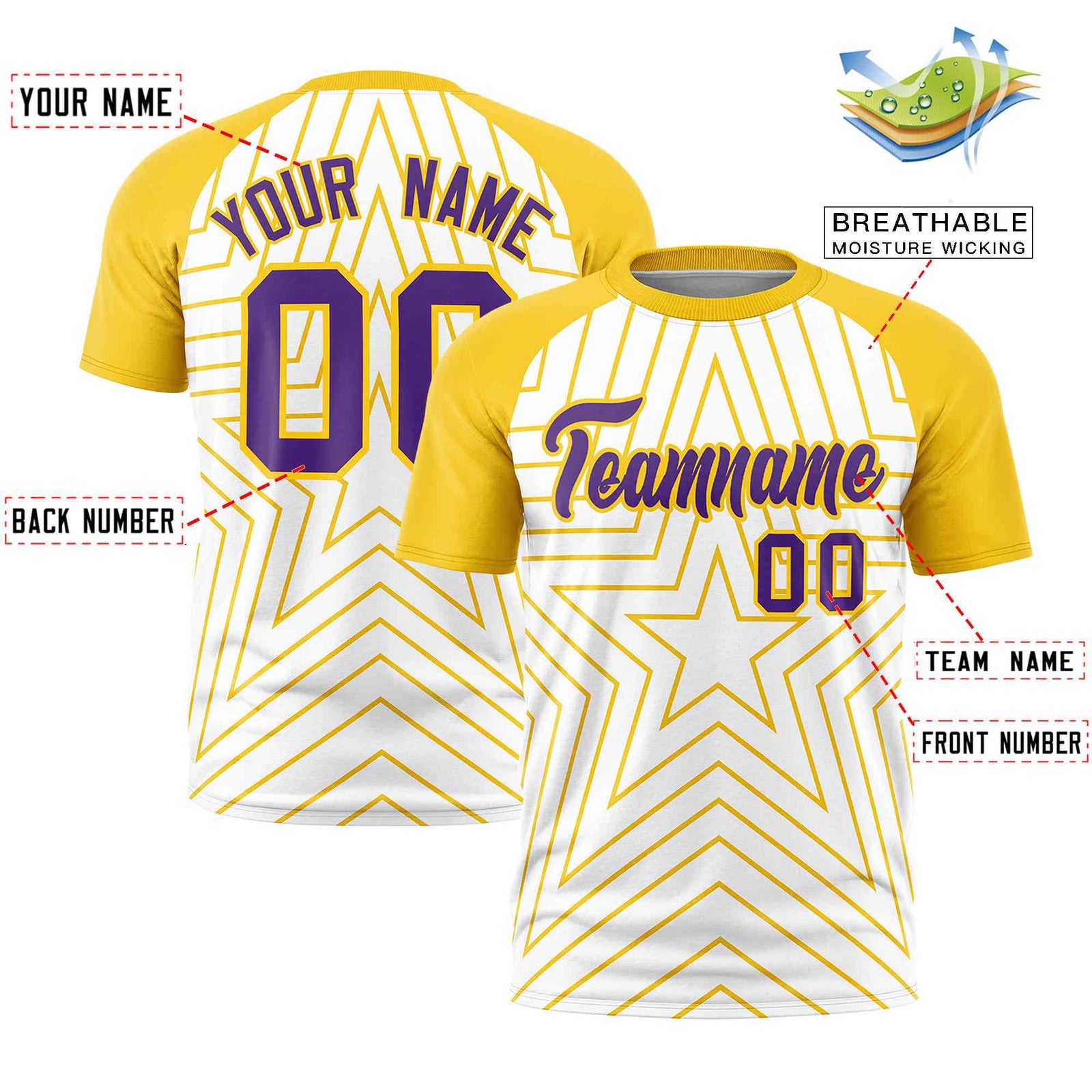 Custom White Gold Personalized Star Pattern Raglan Sleeves Performance T-Shirt