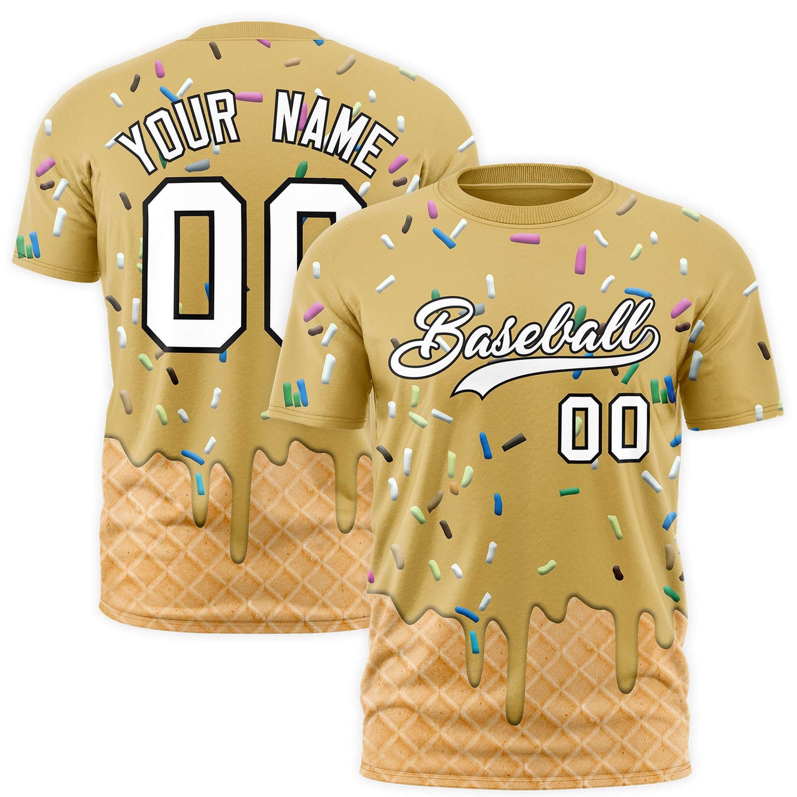 Custom Old Gold Ice Cream Cone Graffiti Pattern Fashion Authentic T-Shirt