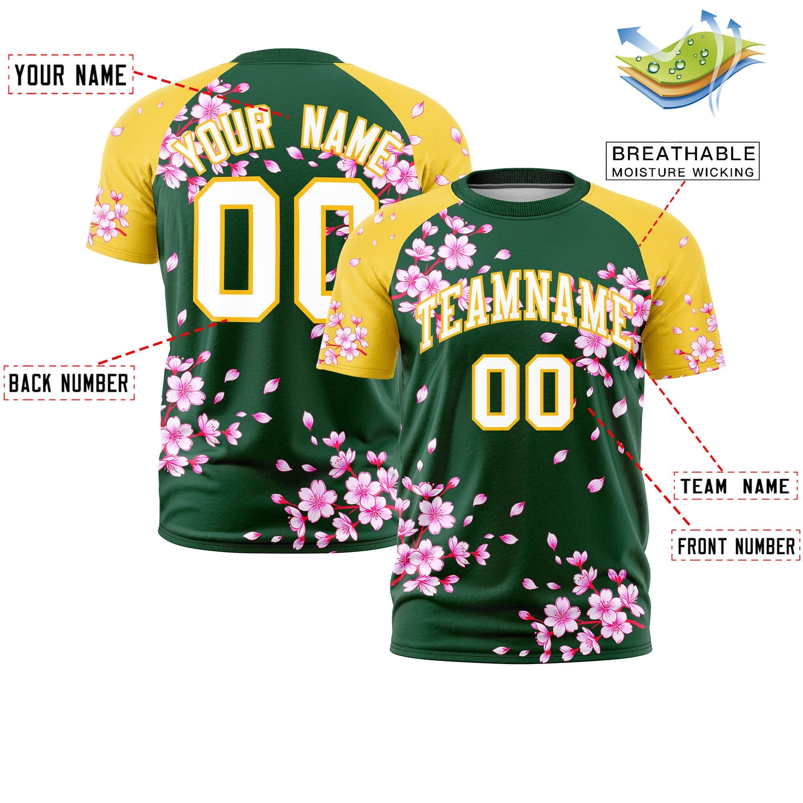 Custom Dark Green Gold White Cherry Blossoms Personalization Stretch Fabric T-shirt| KXKSHOP