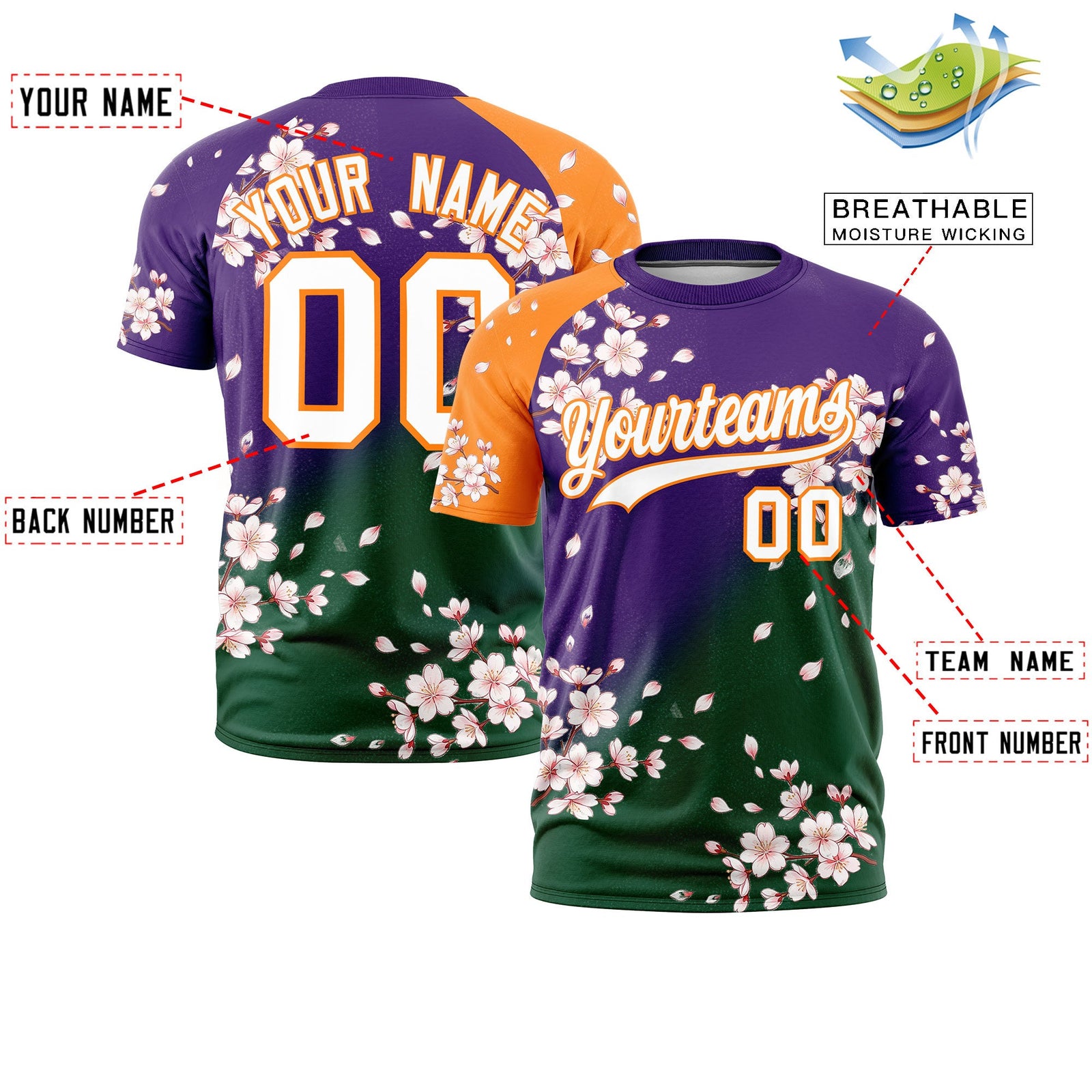 Custom Purple Dark Green Orange Cherry Blossoms Personalization Moisture-Wicking T-shirt| KXKSHOP