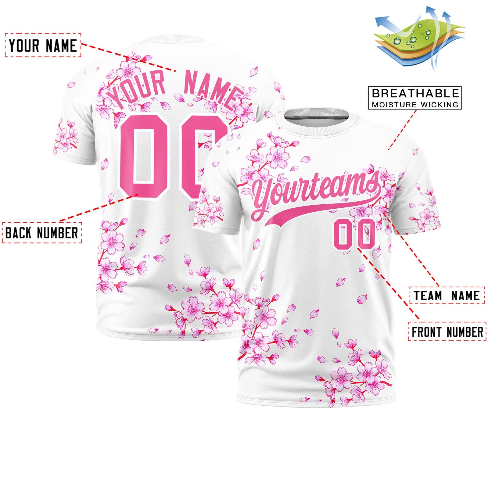 Custom White Pink Cherry Blossoms Personalization Stretch Fabric T-shirt| KXKSHOP