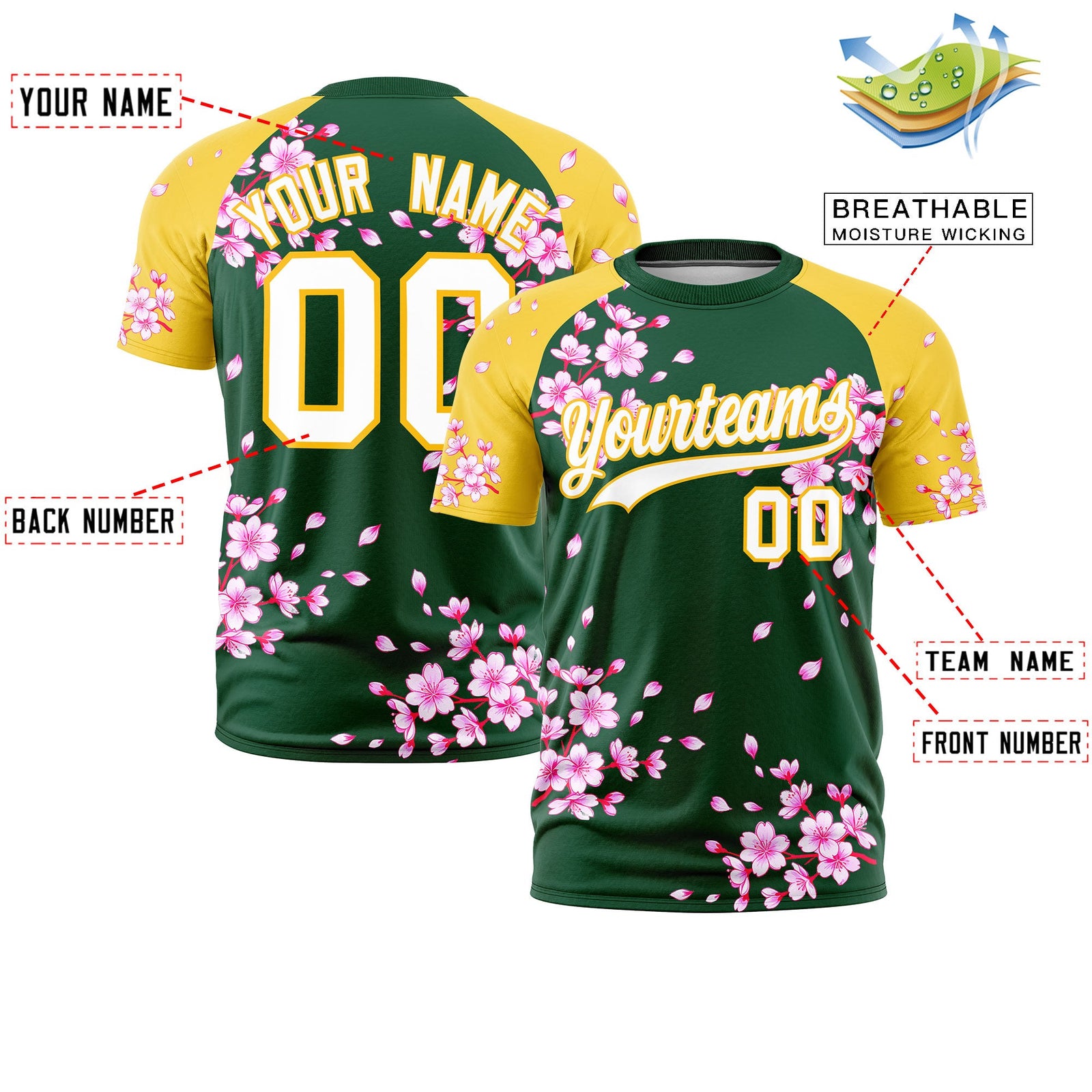 Custom Dark Green Gold White Cherry Blossoms Personalization Stretch Fabric T-shirt| KXKSHOP