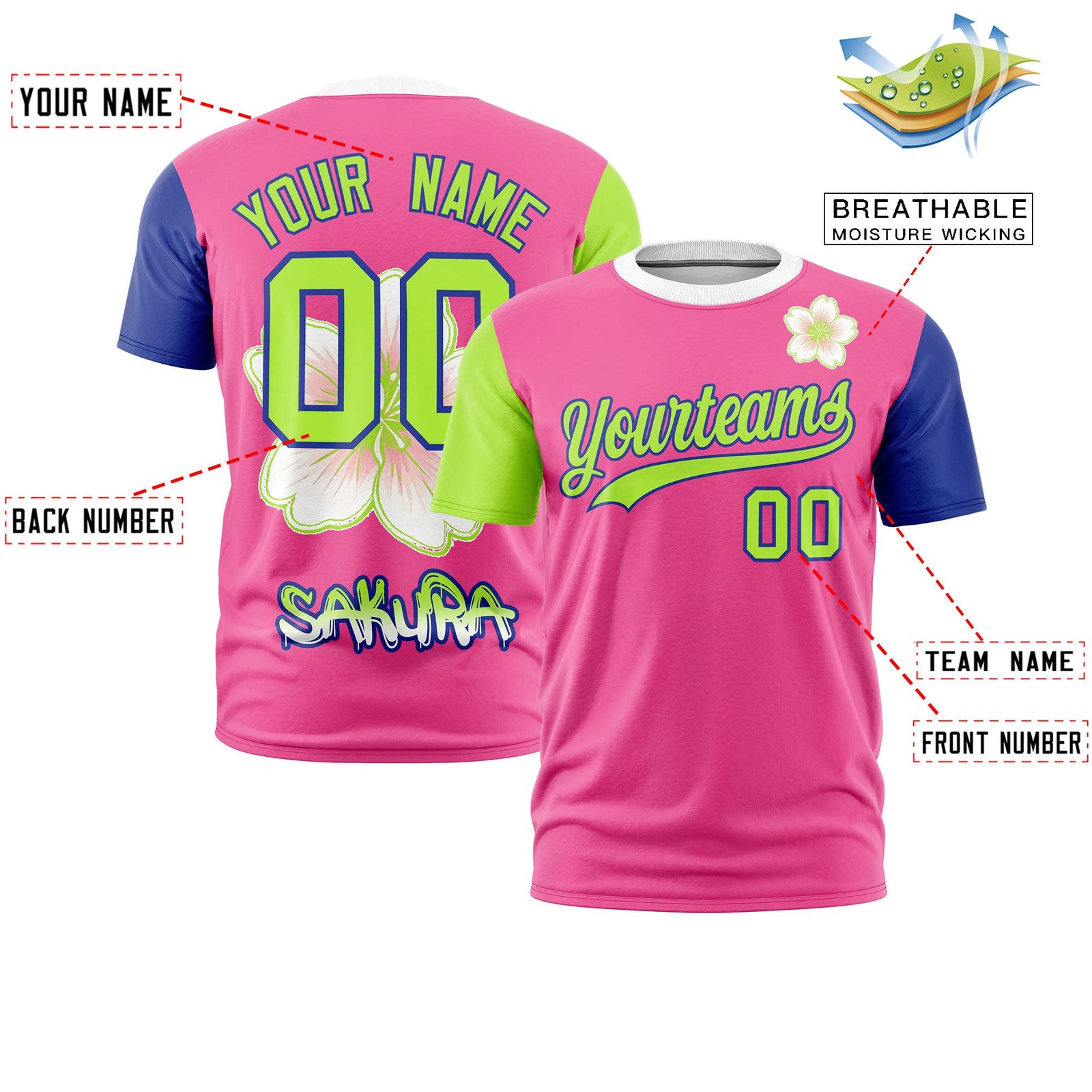 Custom Pink Neon Green Royal Blue Cherry Blossoms Personalization Moisture-Wicking T-shirt| KXKSHOP