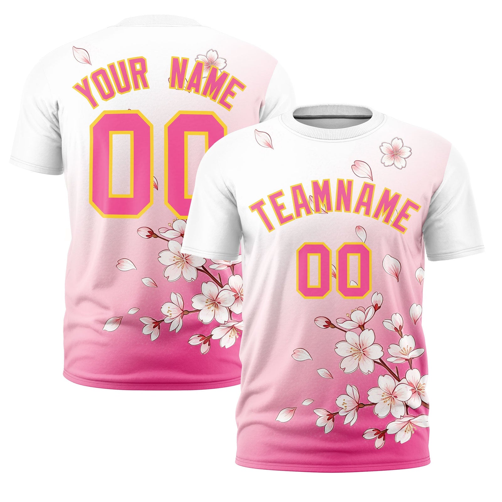 Custom White Pink Gold Cherry Blossoms Personalization Stretch Fabric T-shirt| KXKSHOP