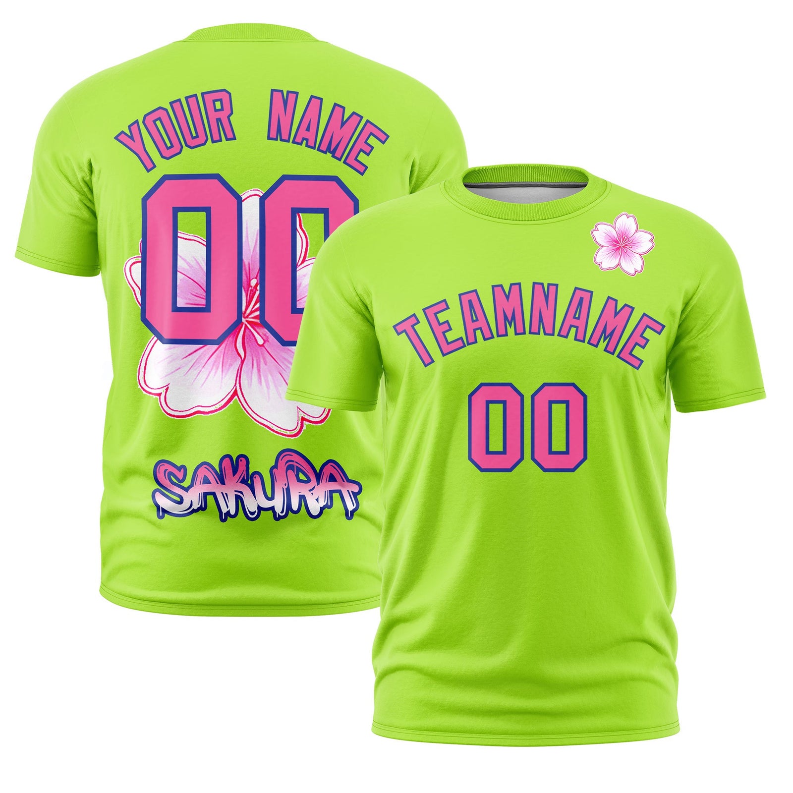Custom Neon Green Pink Royal Blue Cherry Blossoms Personalization Stretch Fabric T-shirt| KXKSHOP