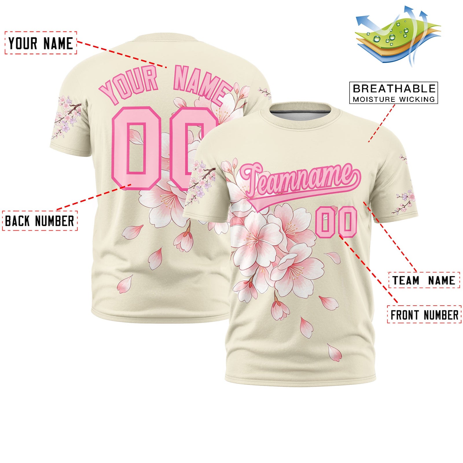 Custom Light Khaki Light Pink Pink Cherry Blossoms Personalization Moisture-Wicking T-shirt| KXKSHOP