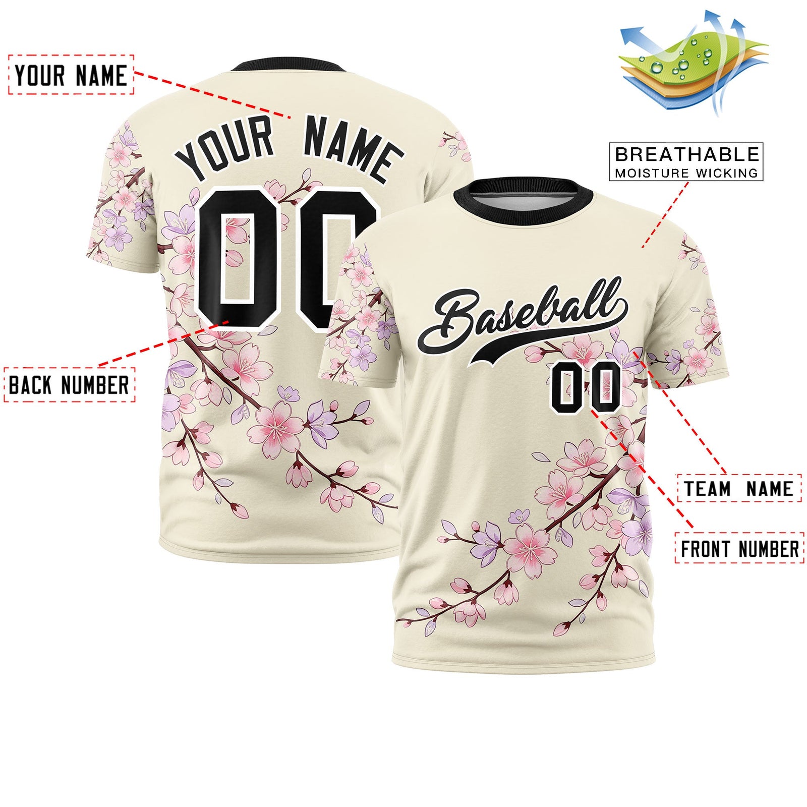 Custom Light Khaki Light Pink Black Cherry Blossoms Personalization Stretch Fabric T-shirt| KXKSHOP