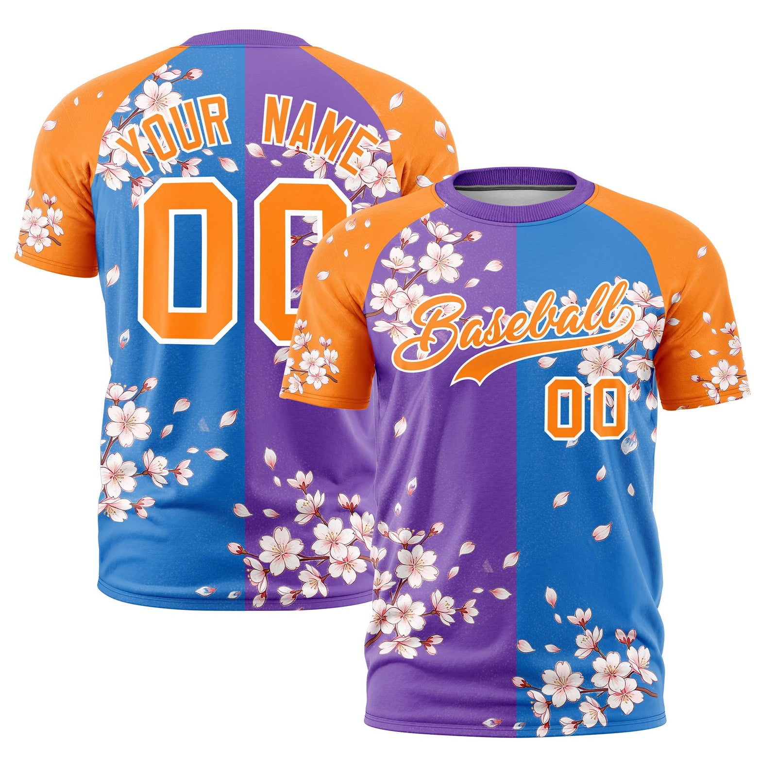 Custom Light Blue Orange White Cherry Blossoms Personalization Stretch Fabric T-shirt| KXKSHOP