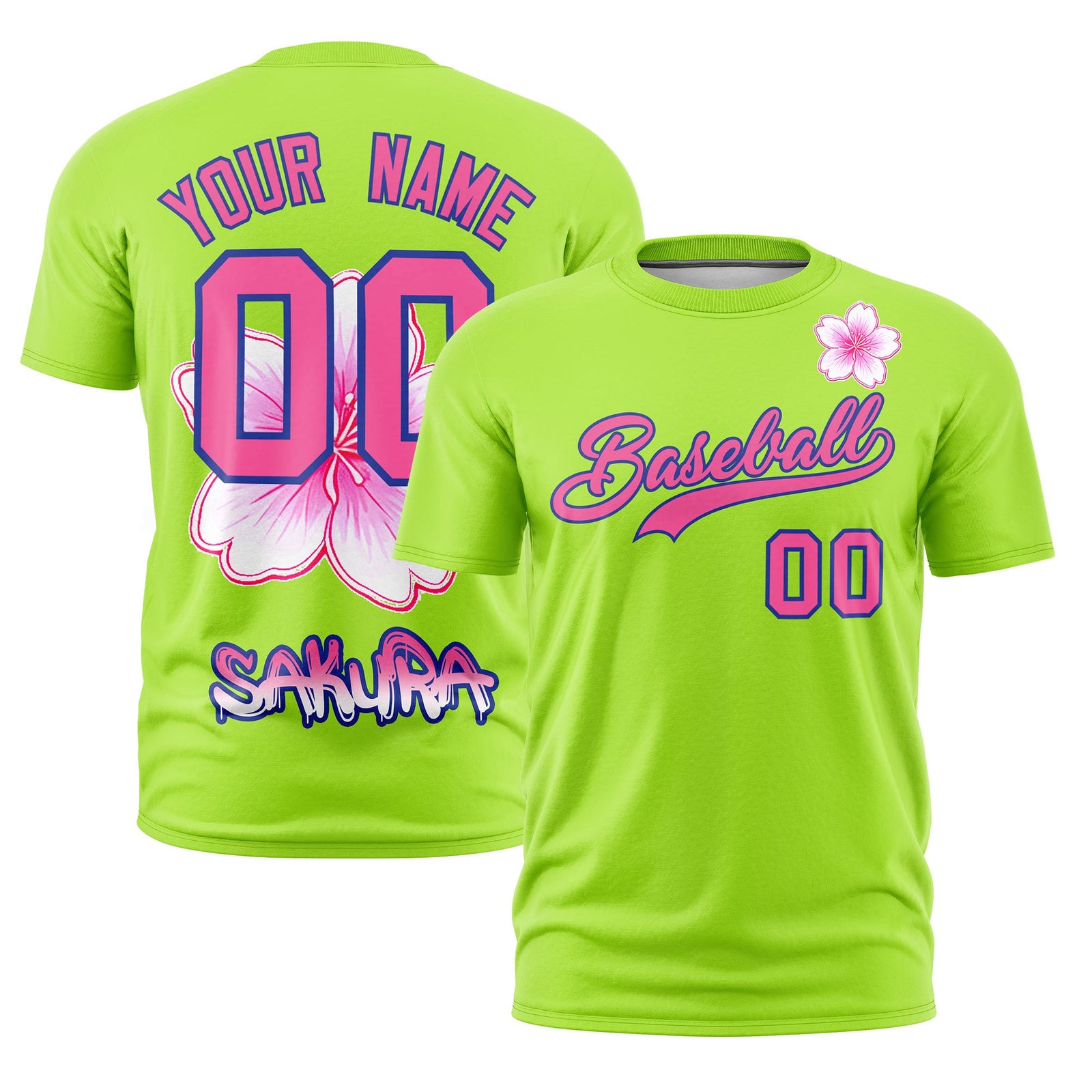 Custom Neon Green Pink Royal Blue Cherry Blossoms Personalization Stretch Fabric T-shirt| KXKSHOP