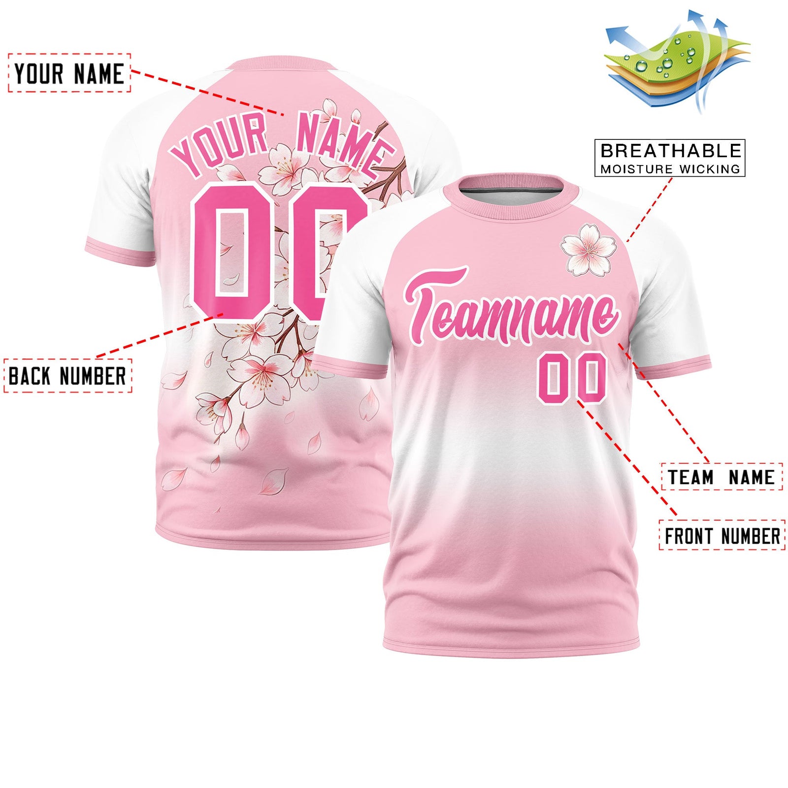 Custom Light Pink White Pink Cherry Blossoms Personalization Stretch Fabric T-shirt| KXKSHOP