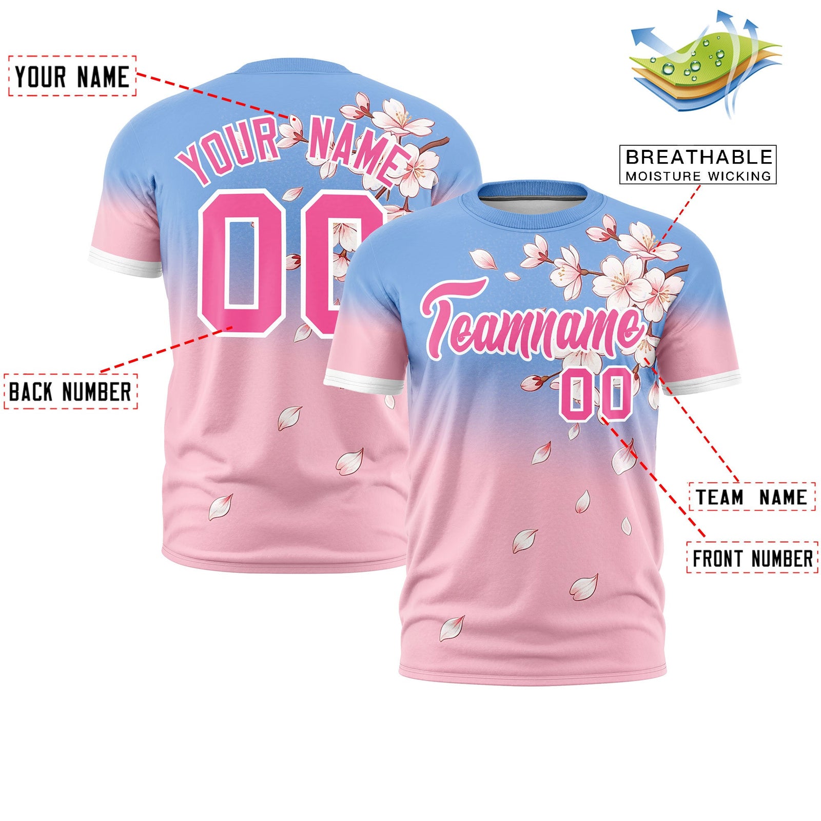 Custom Light Blue Light Pink Pink Cherry Blossoms Personalization Moisture-Wicking T-shirt| KXKSHOP