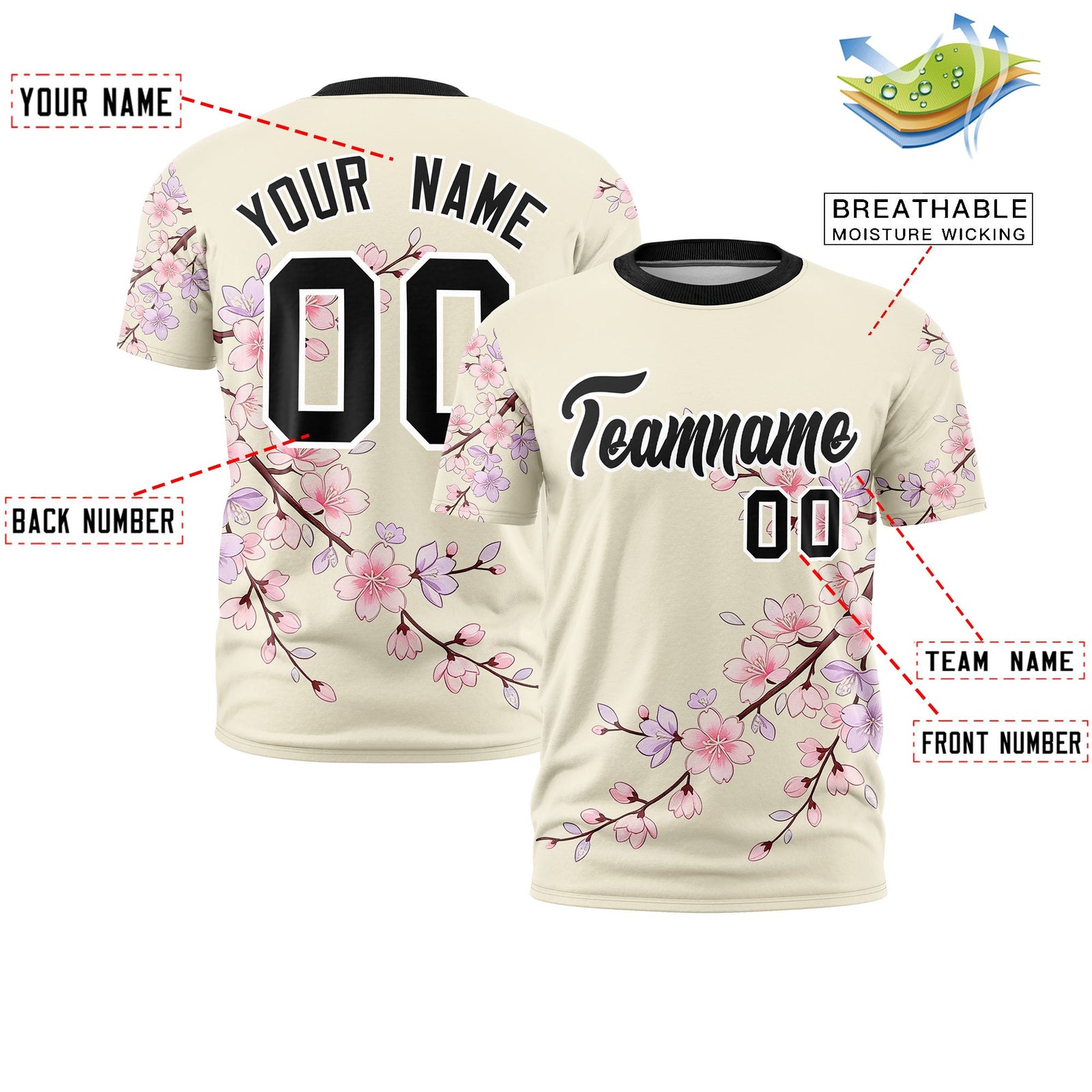 Custom Light Khaki Light Pink Black Cherry Blossoms Personalization Stretch Fabric T-shirt| KXKSHOP