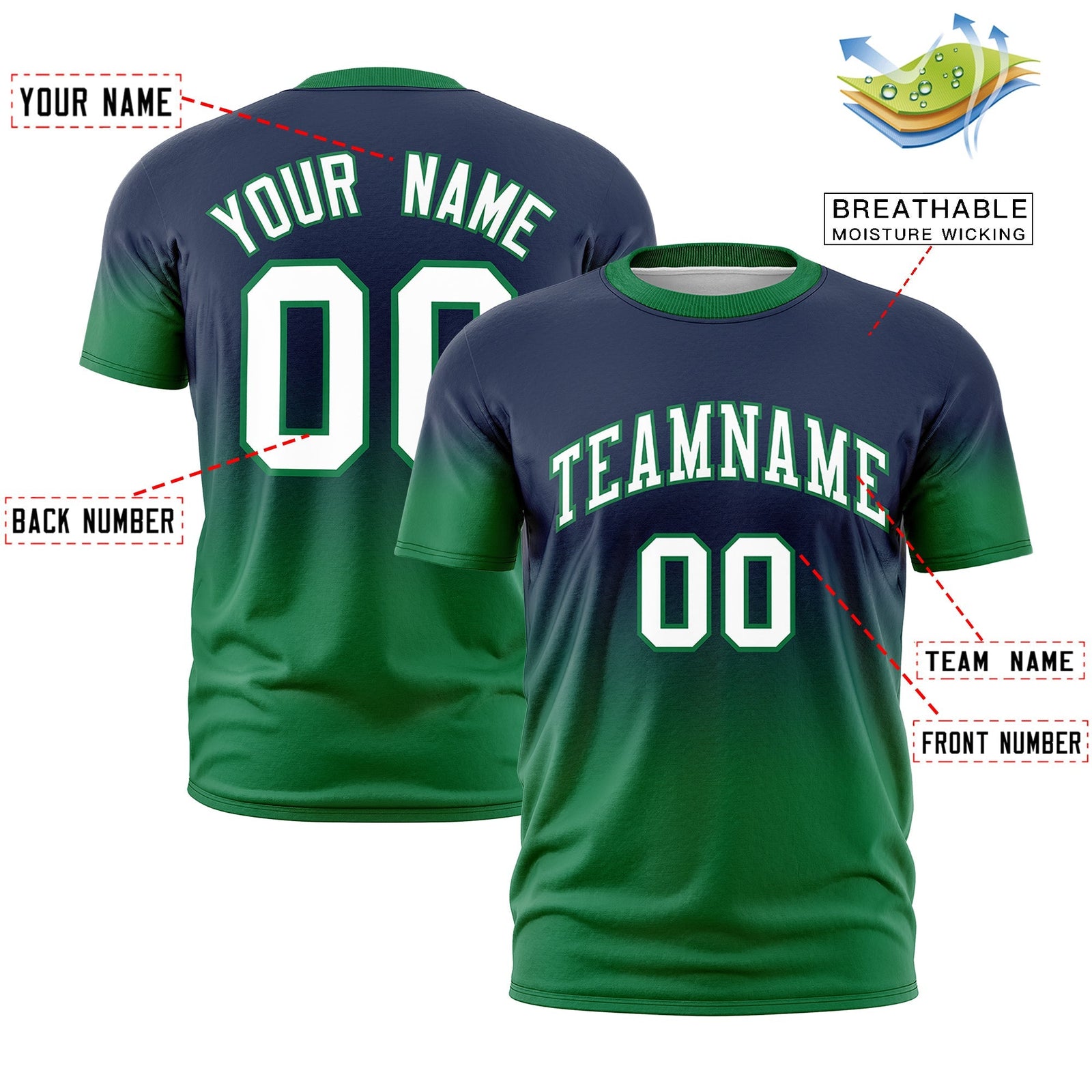 Custom Navy White Kelly Green Gradient Fashion Lightweight T-shirt| KXKSHOP