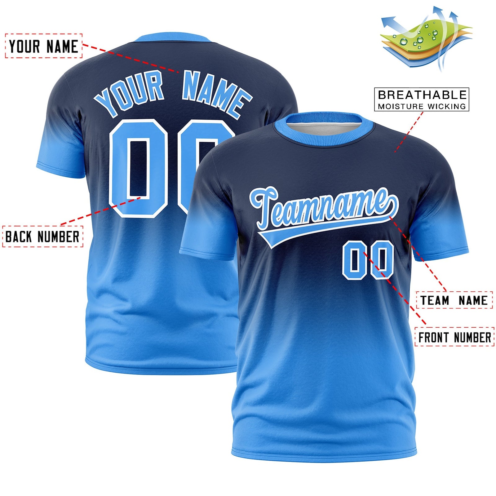 Custom Navy Powder Blue White Gradient Fashion Lightweight T-shirt| KXKSHOP