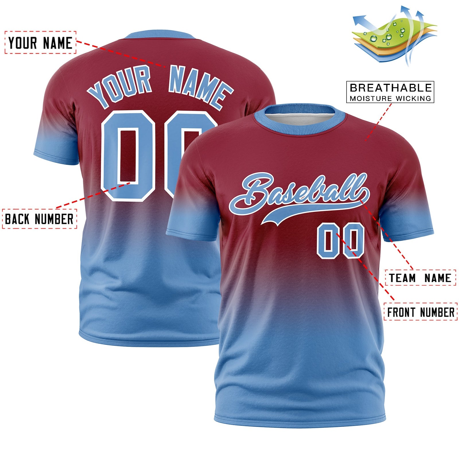 Custom Crimson Light Blue White Gradient Fashion Lightweight T-shirt| KXKSHOP