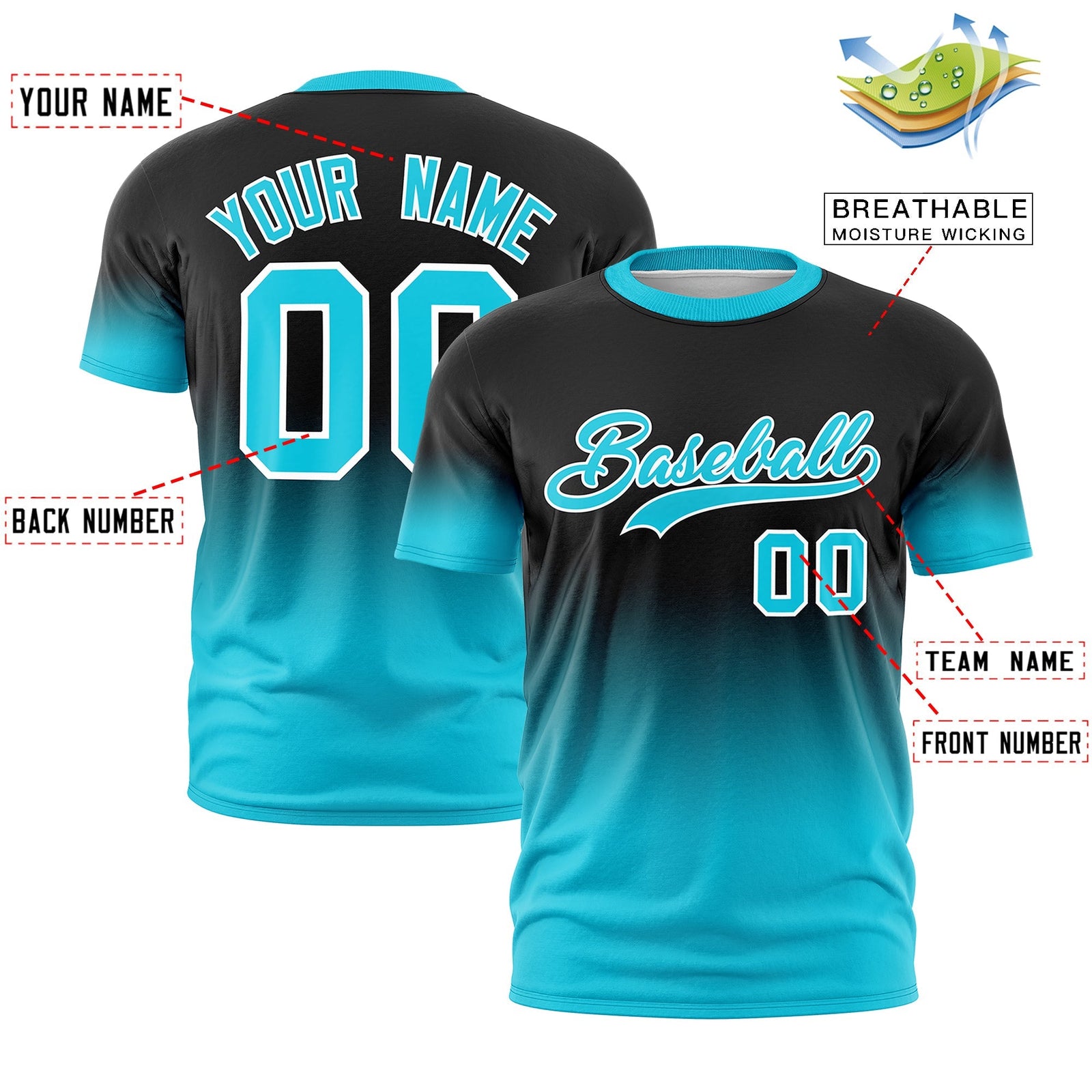 Custom Black Sky Blue White Gradient Fashion Lightweight T-shirt| KXKSHOP