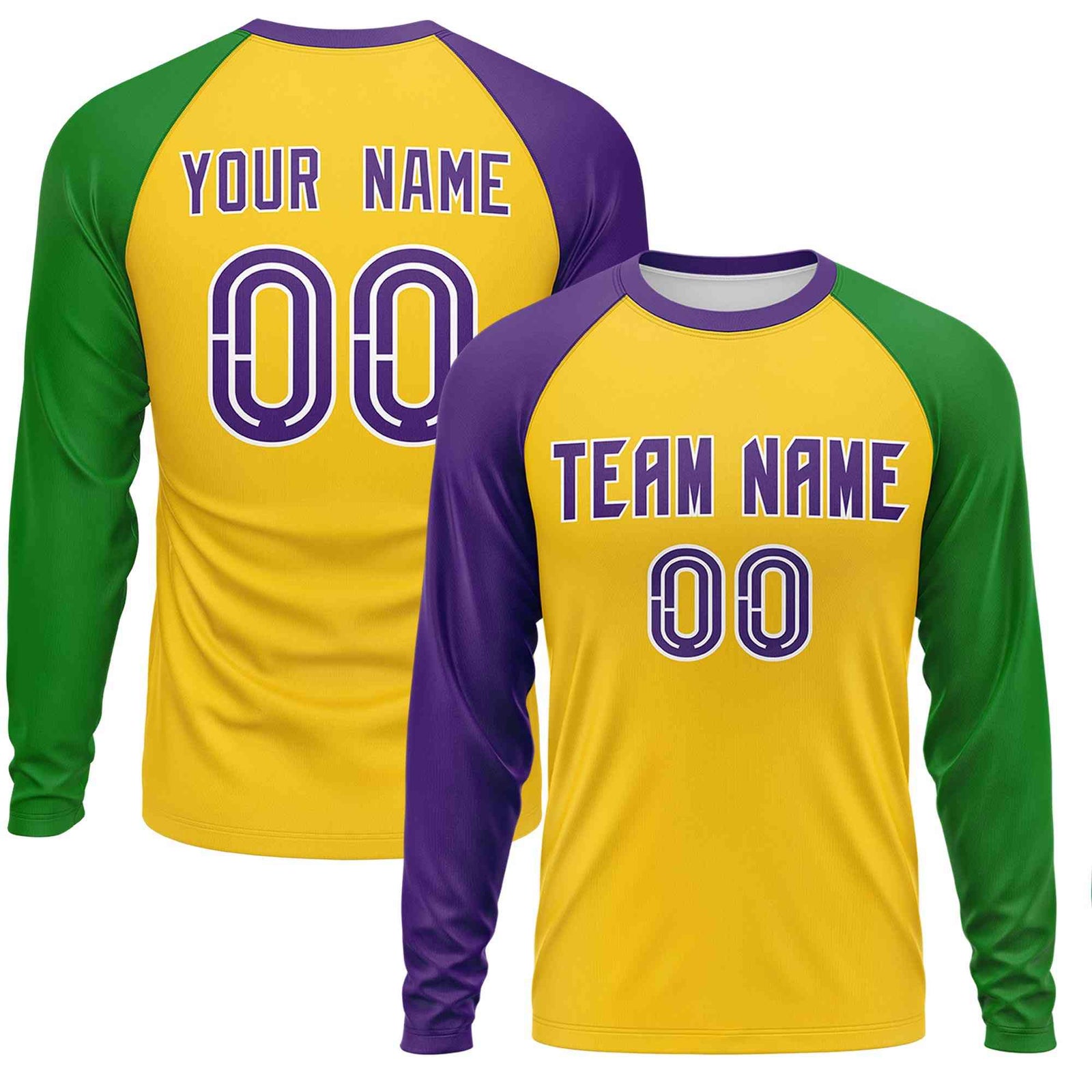 Custom Gold Purple Crew Neck Personalized Mardi Gras Long Sleeve Performance T-shirt | KXKSHOP