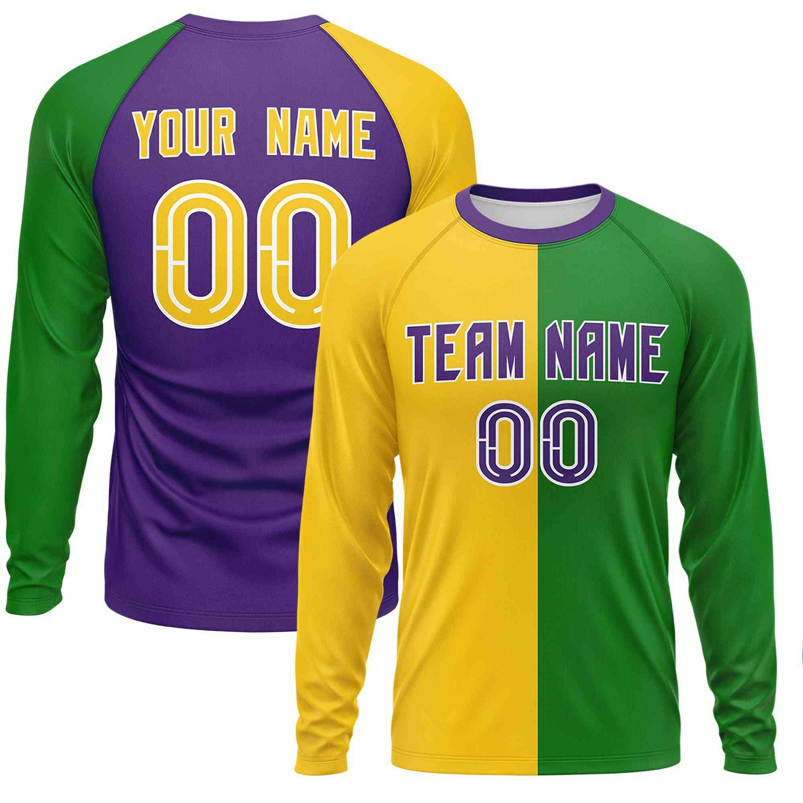 Custom Gold Kelly Green Crew Neck Personalized Mardi Gras Long Sleeve Performance T-shirt | KXKSHOP