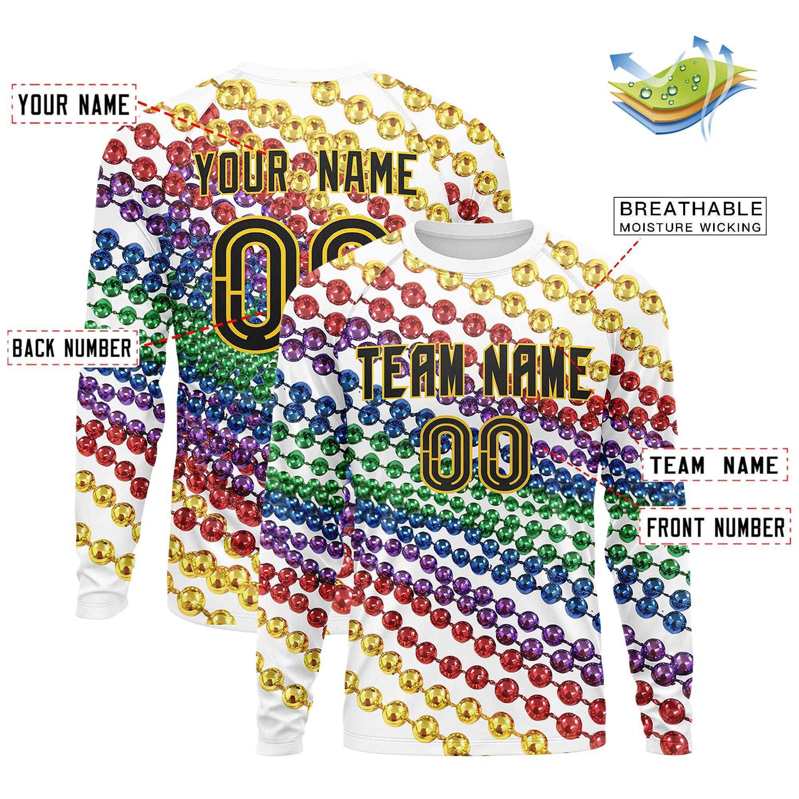 Custom White Black Crew Neck Personalized Mardi Gras Long Sleeve Performance T-shirt | KXKSHOP