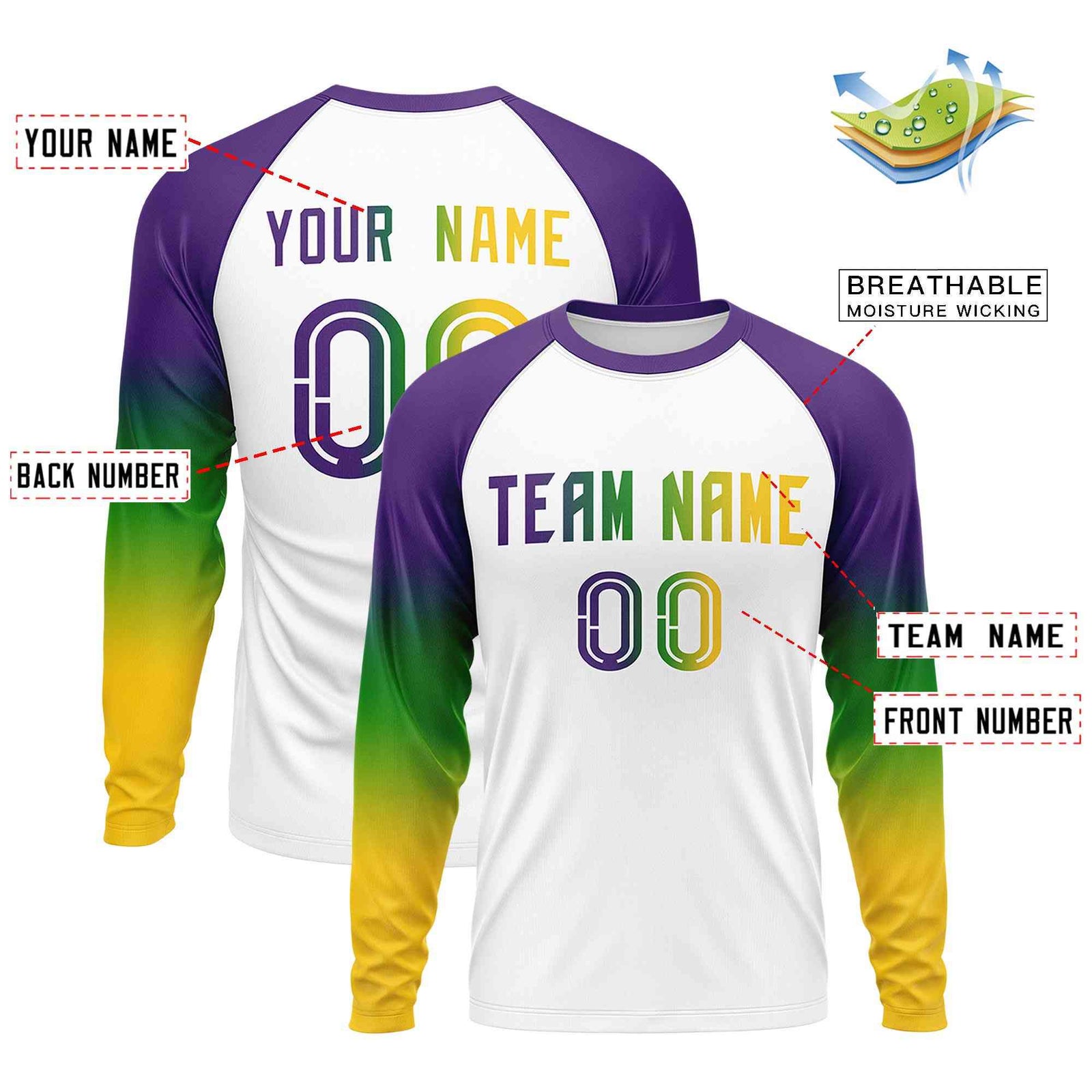 Custom White Purple Crew Neck Personalized Mardi Gras Long Sleeve Performance T-shirt | KXKSHOP