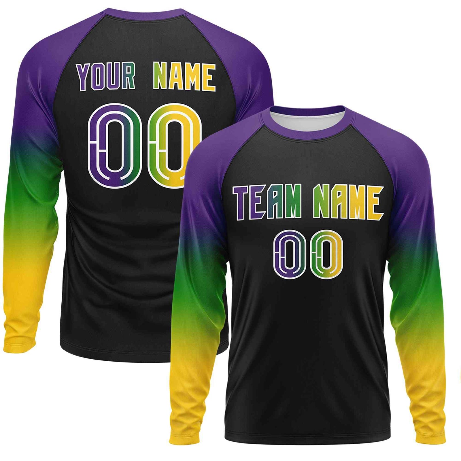 Custom Black Purple Crew Neck Personalized Mardi Gras Long Sleeve Performance T-shirt | KXKSHOP