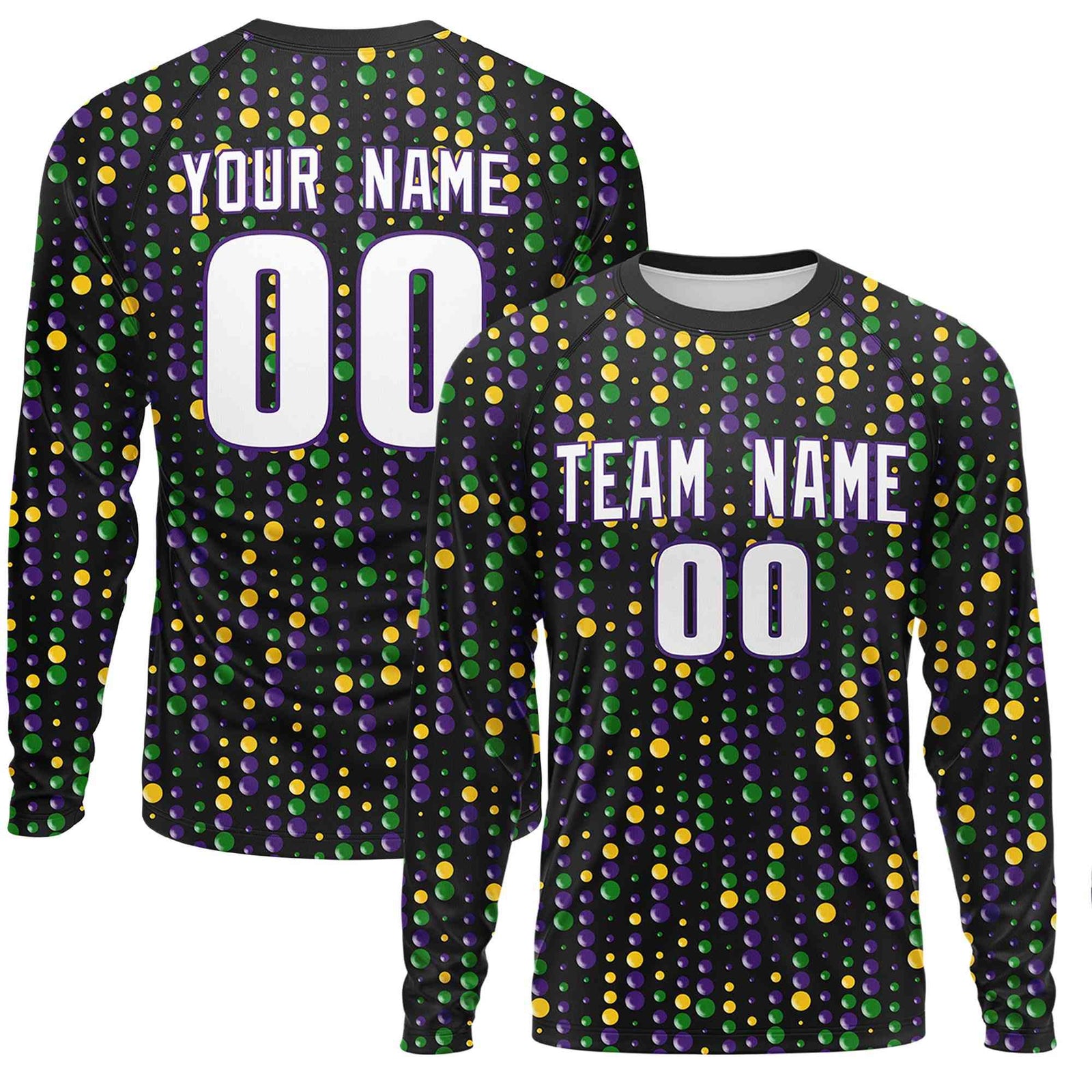 Custom Black White Crew Neck Personalized Mardi Gras Long Sleeve Performance T-shirt | KXKSHOP