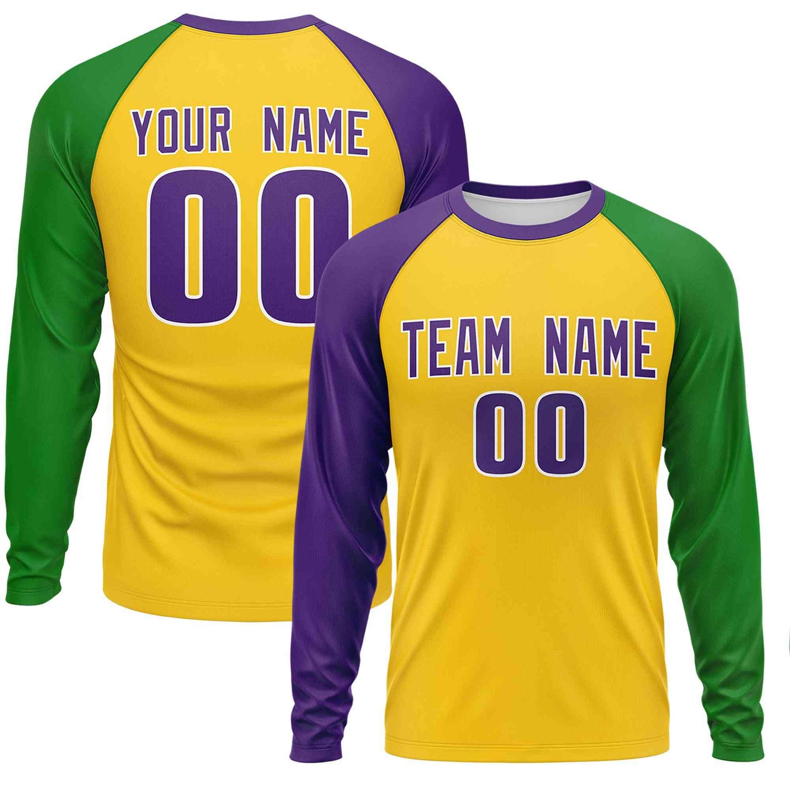 Custom Gold Purple Crew Neck Personalized Mardi Gras Long Sleeve Performance T-shirt | KXKSHOP