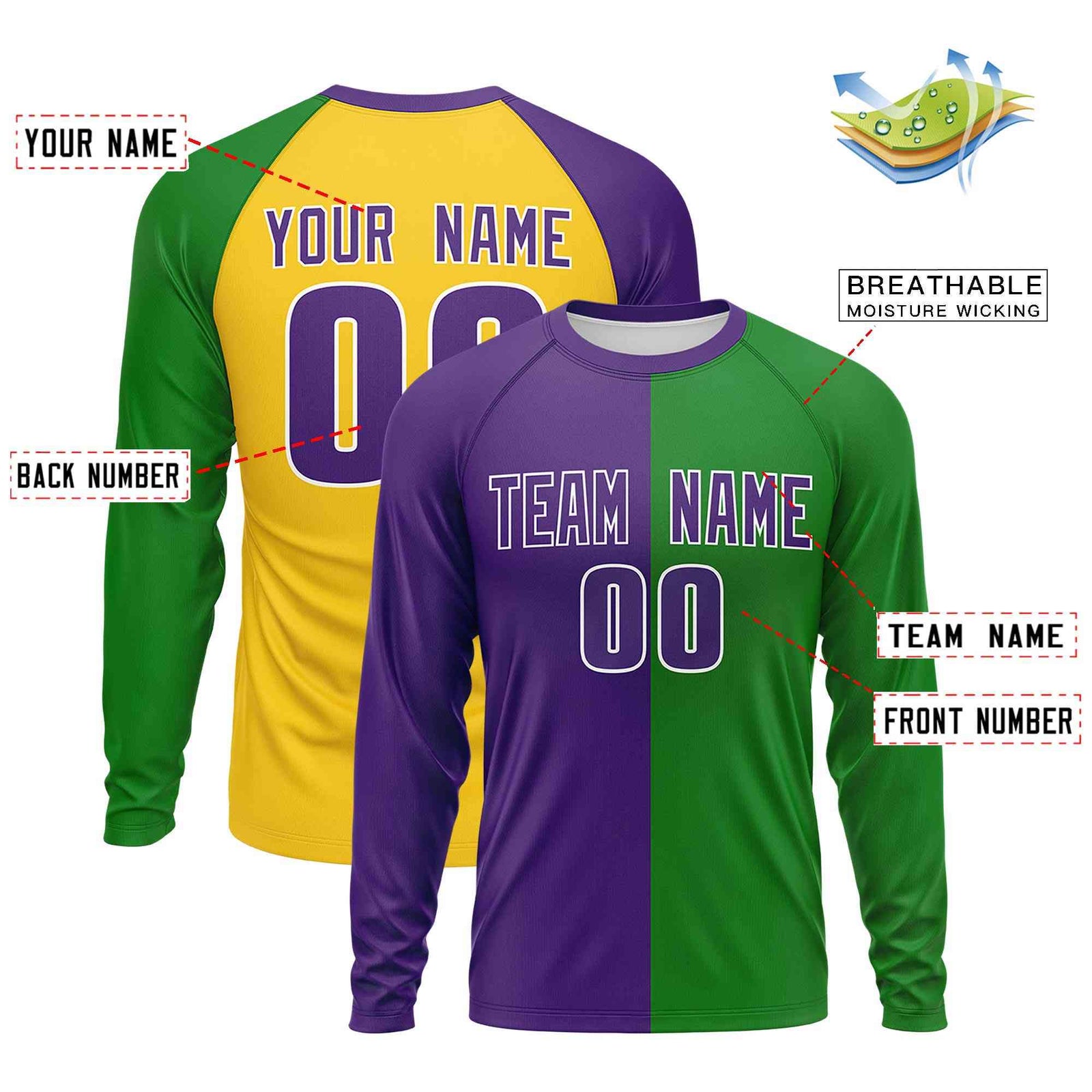 Custom Purple Kelly Green Crew Neck Personalized Mardi Gras Long Sleeve Performance T-shirt | KXKSHOP