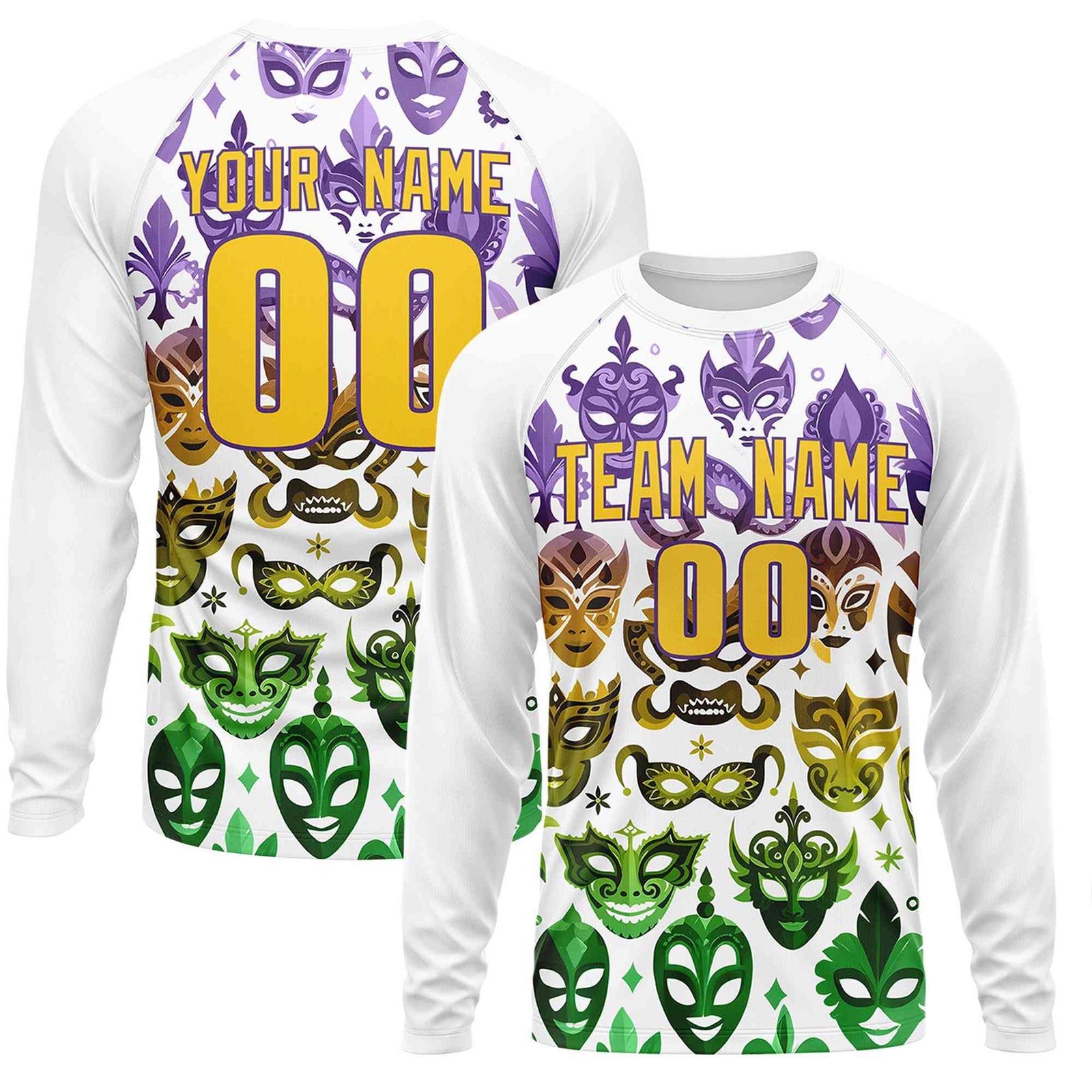 Custom White Gold Crew Neck Personalized Mardi Gras Long Sleeve Performance T-shirt | KXKSHOP