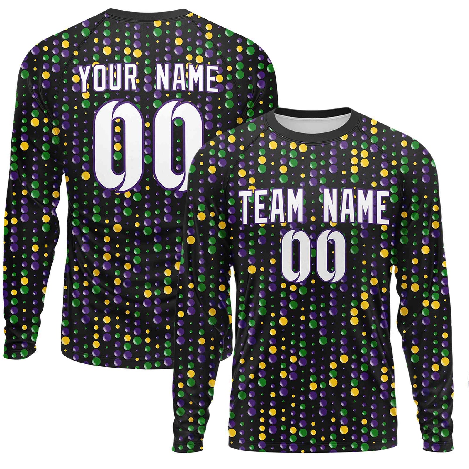 Custom Black White Crew Neck Personalized Mardi Gras Long Sleeve Performance T-shirt | KXKSHOP