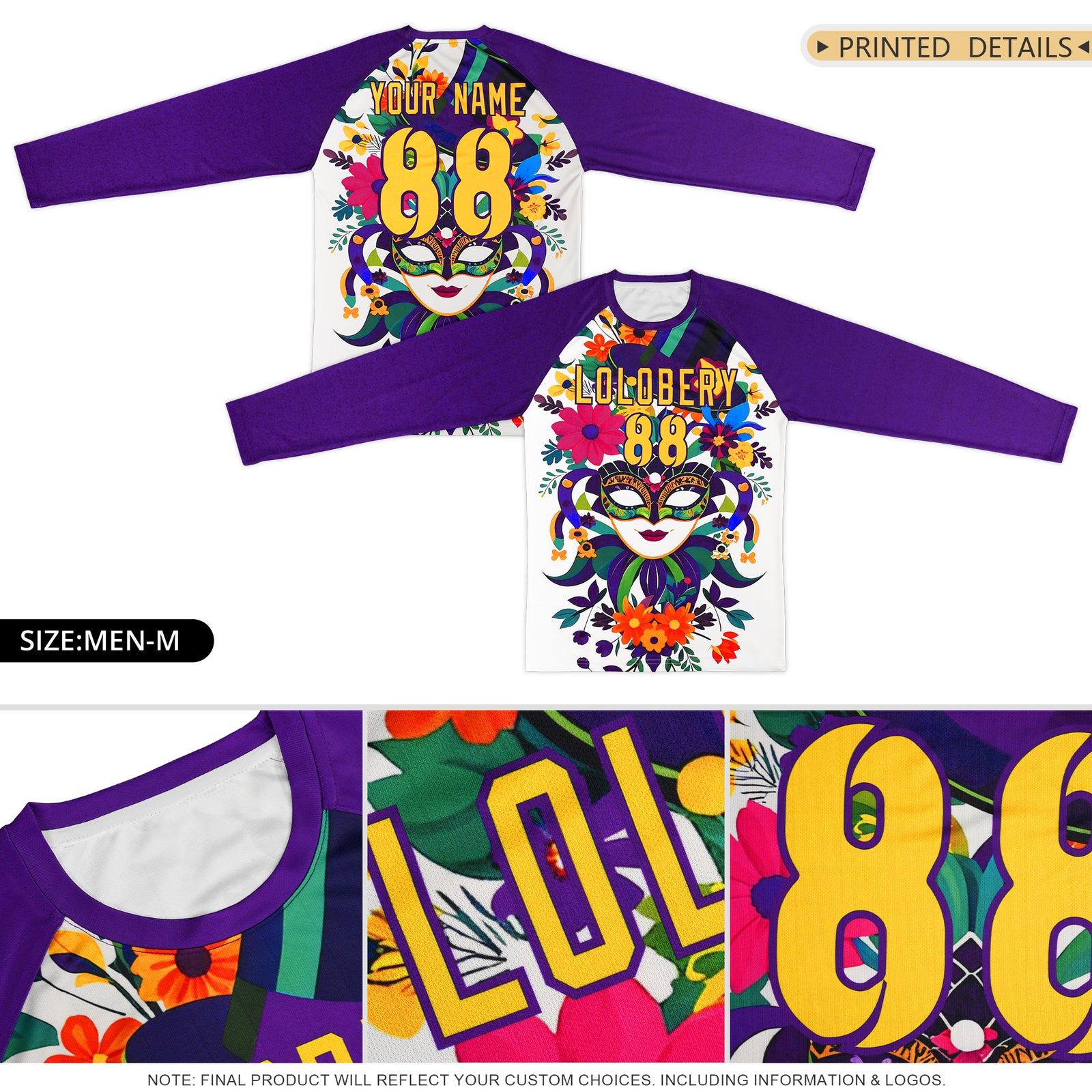 Custom Purple Gold Crew Neck Personalized Mardi Gras Long Sleeve Performance T-shirt