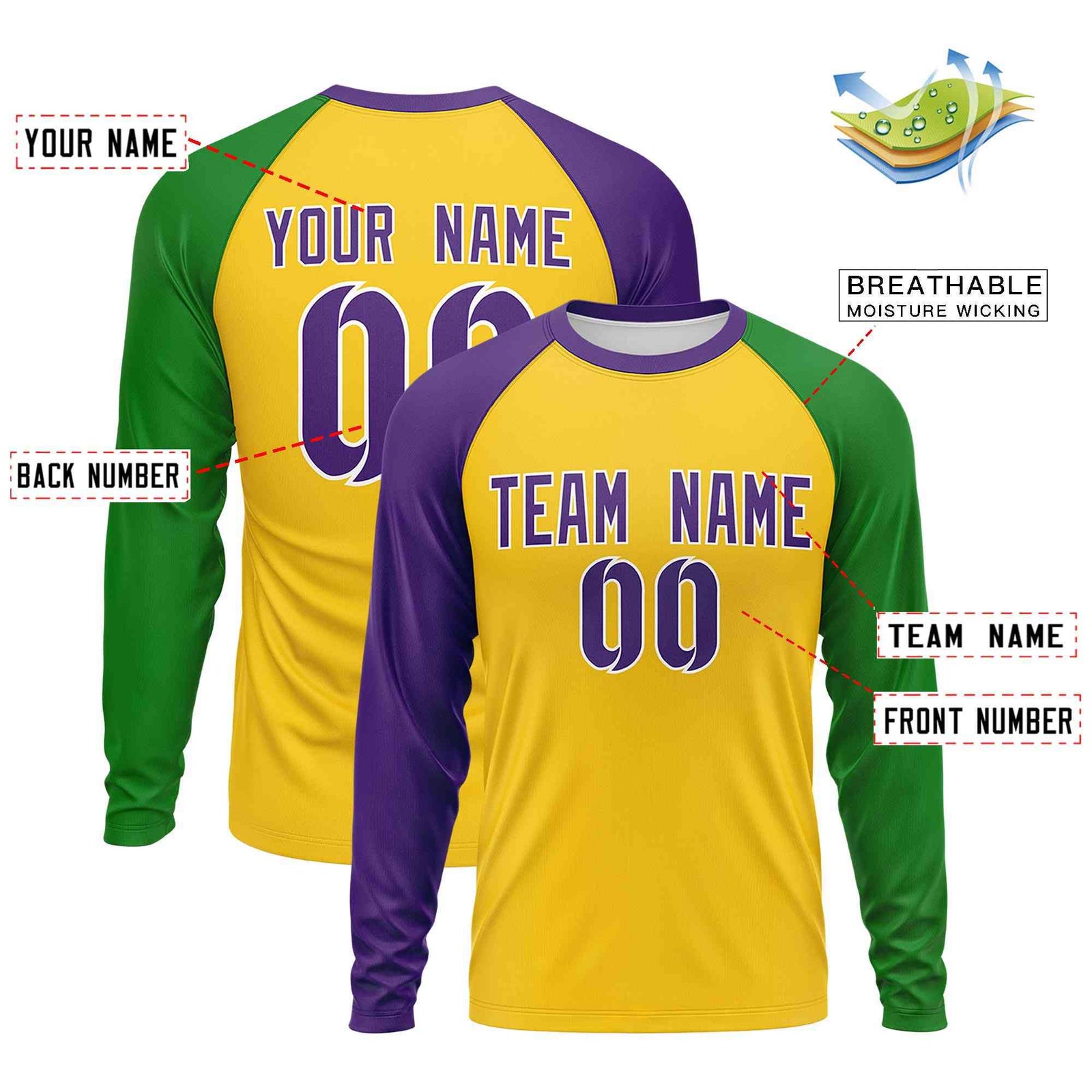 Custom Gold Purple Crew Neck Personalized Mardi Gras Long Sleeve Performance T-shirt | KXKSHOP