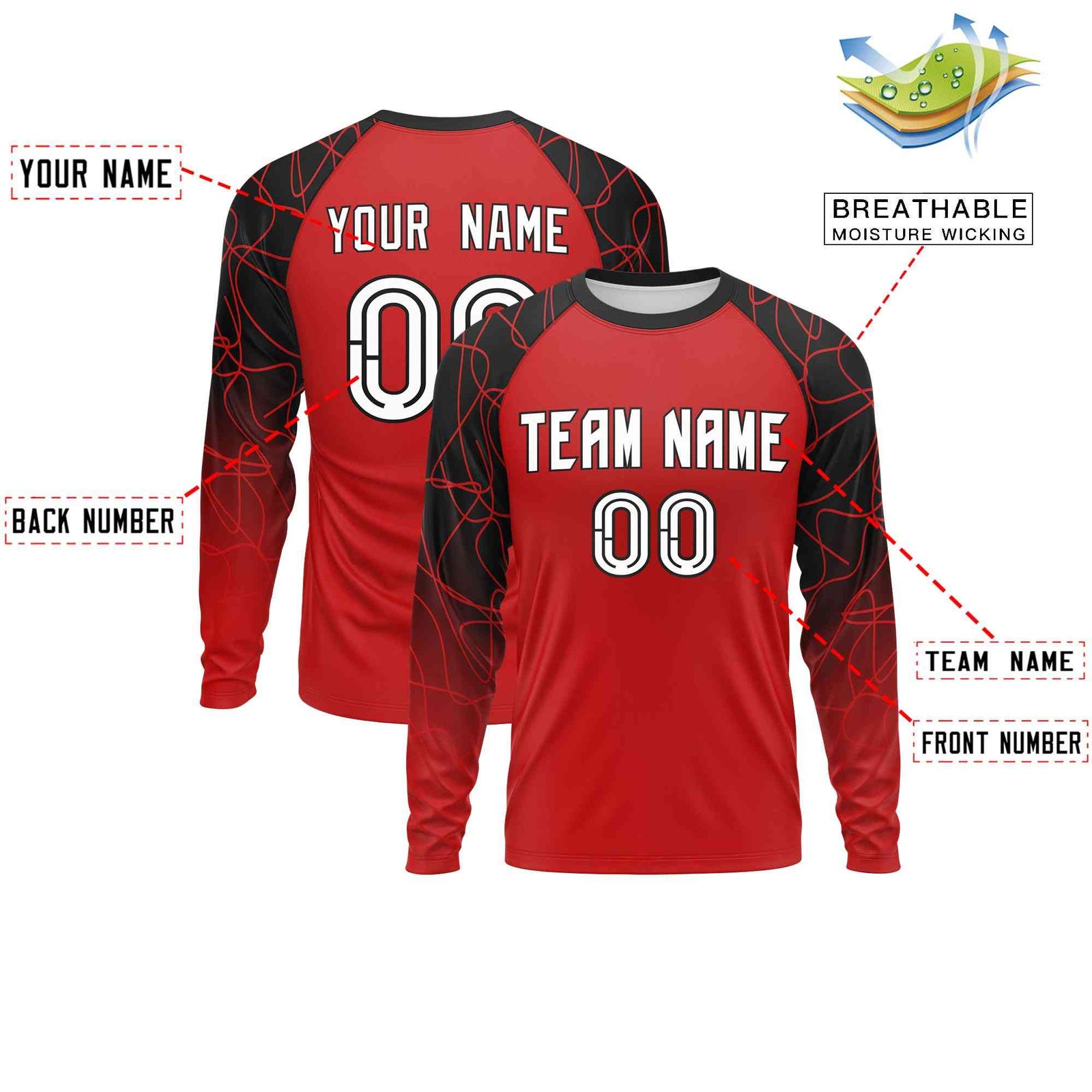 Custom Red Black Tangled Lines Pattern Raglan Long Sleeve Performance T-Shirt