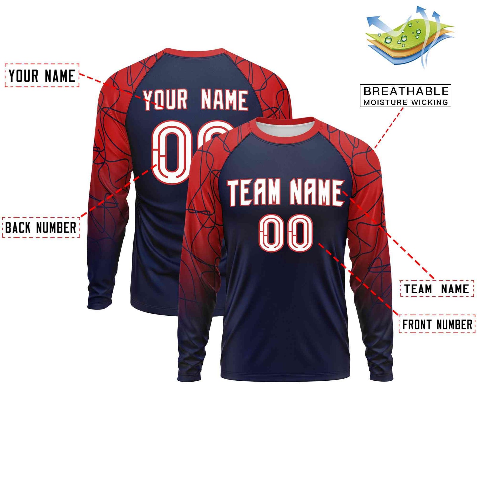 Custom Navy Red Tangled Lines Pattern Raglan Long Sleeve Performance T-Shirt