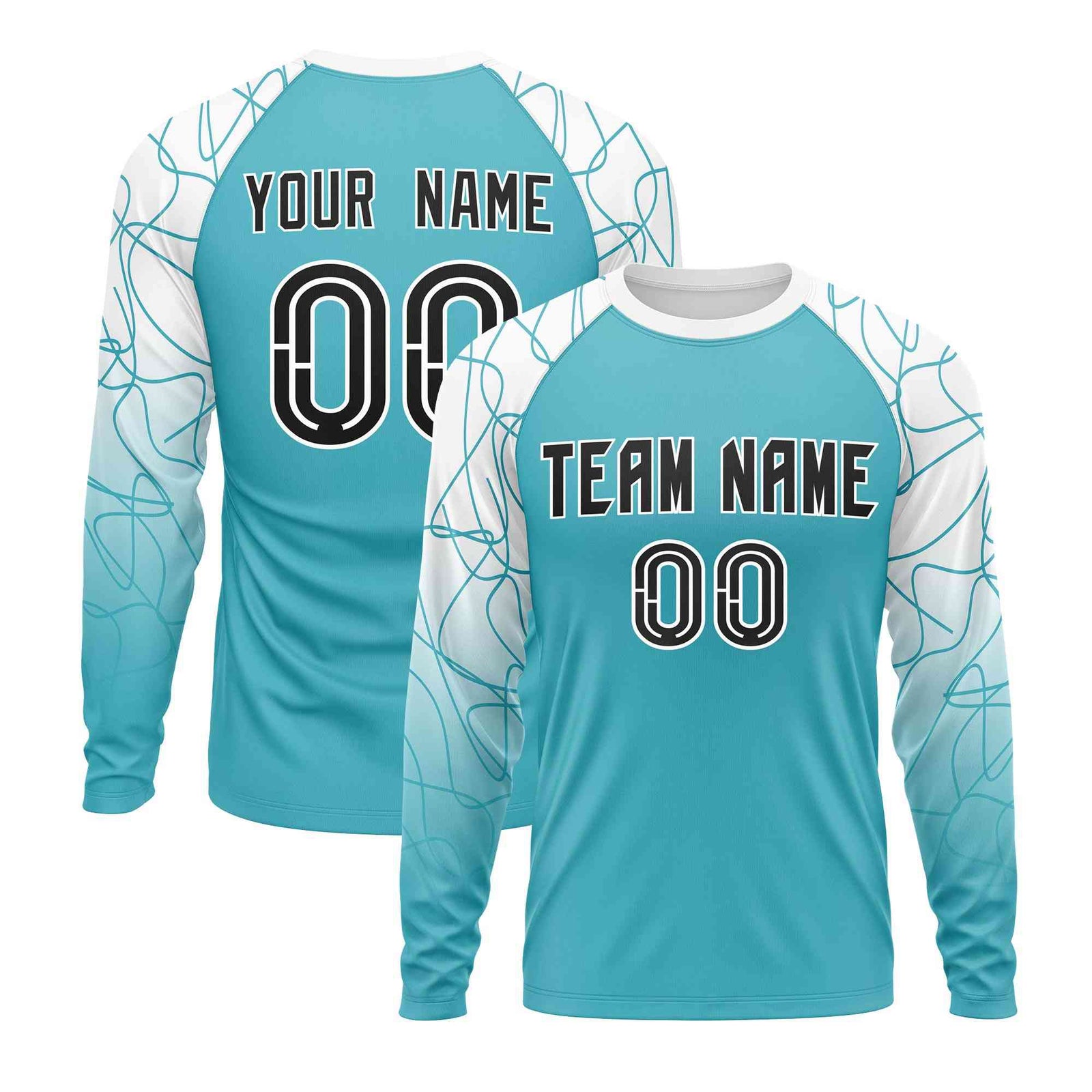 Custom Sky Blue White Tangled Lines Pattern Raglan Long Sleeve Performance T-Shirt