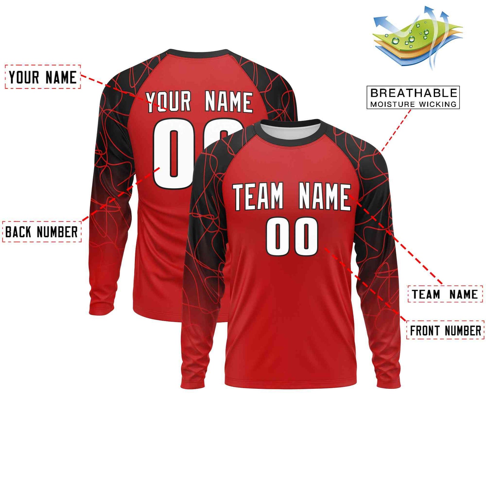 Custom Red Black Tangled Lines Pattern Raglan Long Sleeve Performance T-Shirt| KXKSHOP