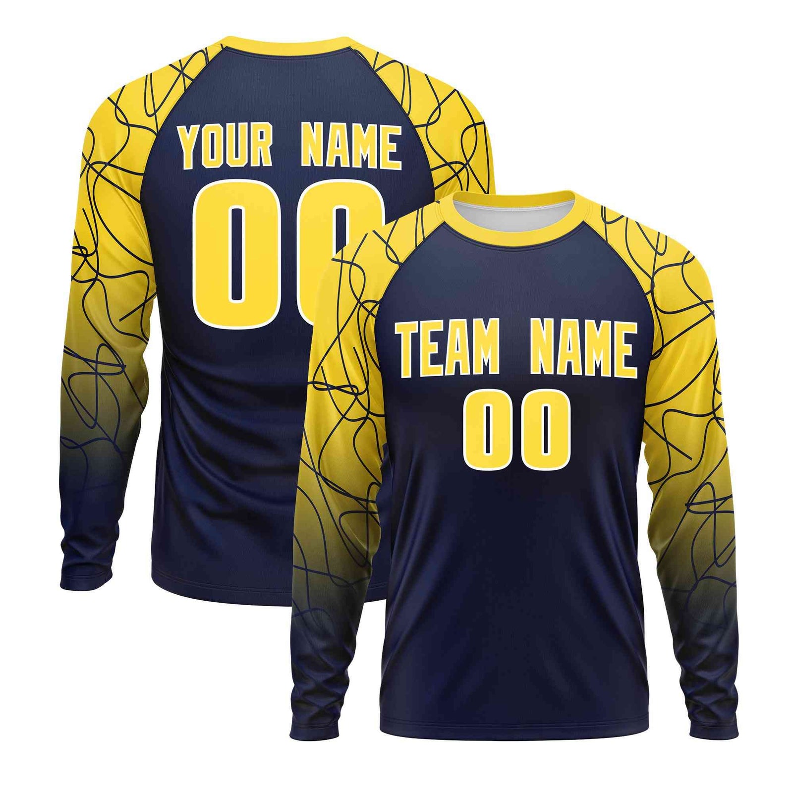Custom Navy Gold Tangled Lines Pattern Raglan Long Sleeve Performance T-Shirt| KXKSHOP
