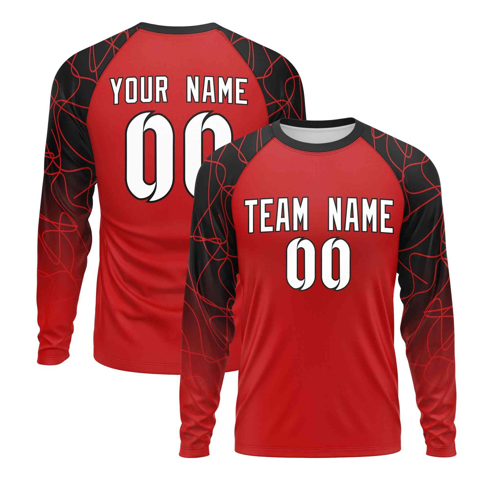 Custom Red Black Tangled Lines Pattern Raglan Long Sleeve Performance T-Shirt