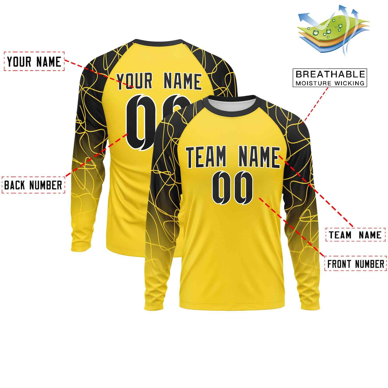 Custom Gold Black Tangled Lines Pattern Raglan Long Sleeve Performance T-Shirt
