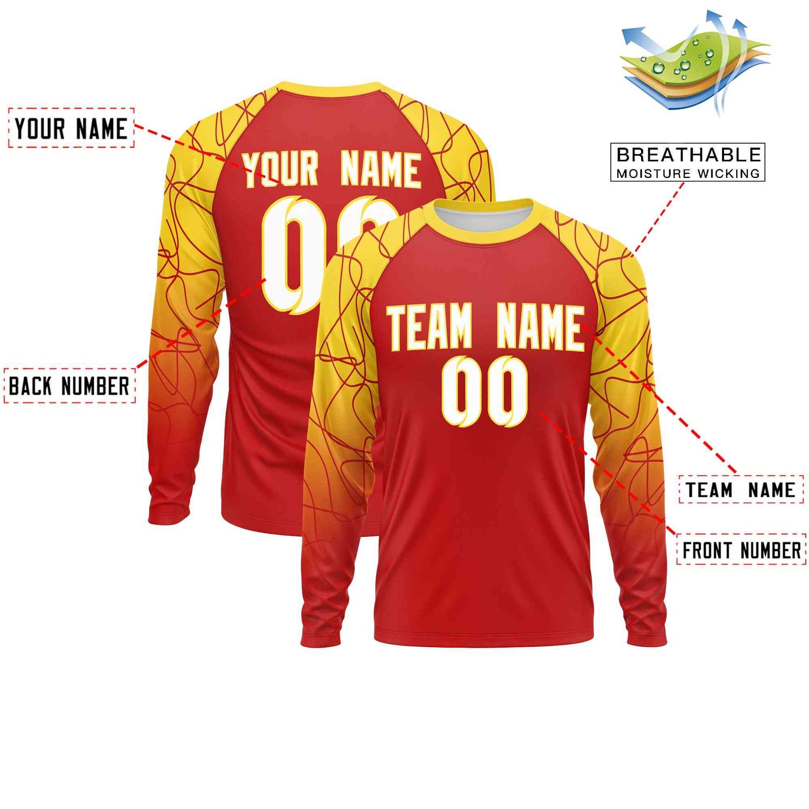 Custom Red Gold Tangled Lines Pattern Raglan Long Sleeve Performance T-Shirt
