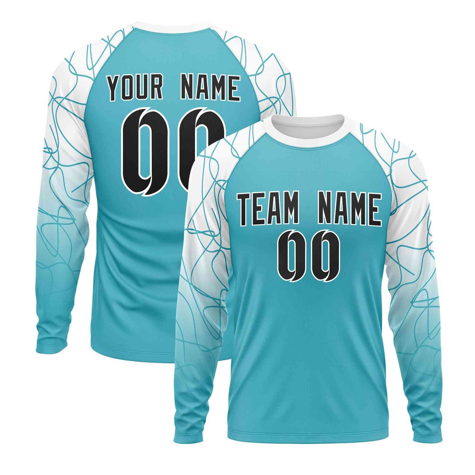 Custom Sky Blue White Tangled Lines Pattern Raglan Long Sleeve Performance T-Shirt