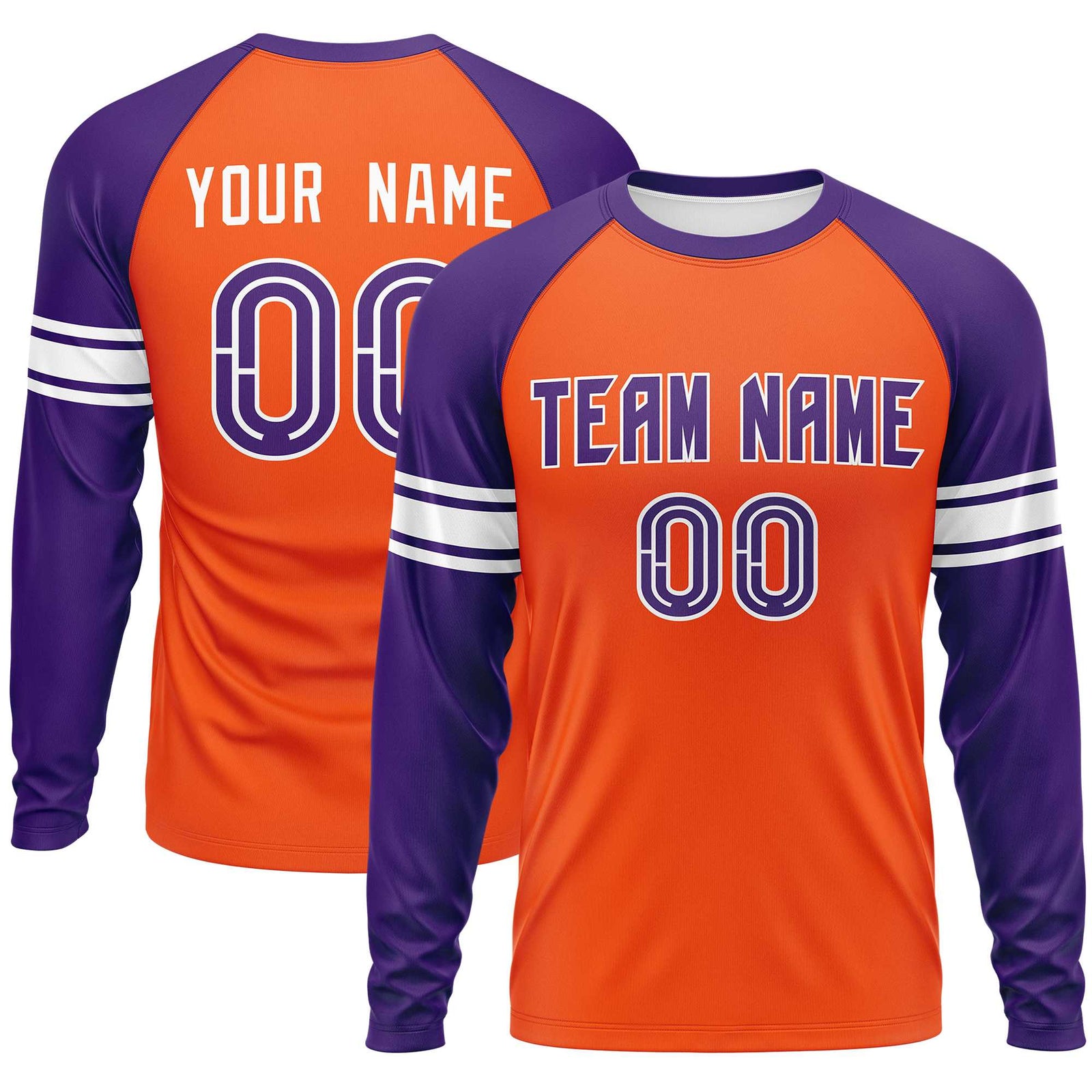 Custom Orange Purple White Crew Neck Personalized Raglan Long Sleeve Performance T-shirt