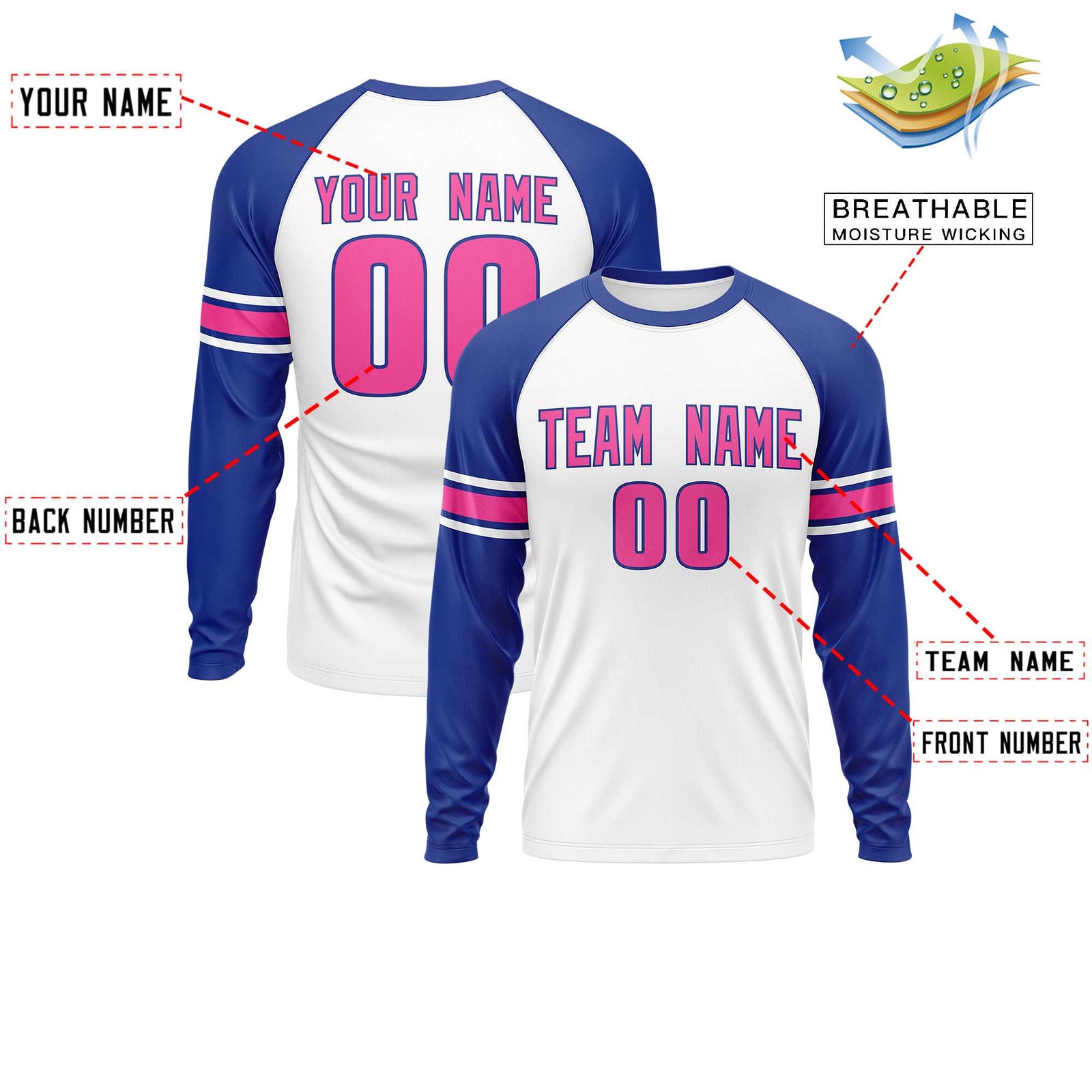 Custom White Royal Pink Crew Neck Personalized Raglan Long Sleeve Performance T-shirt