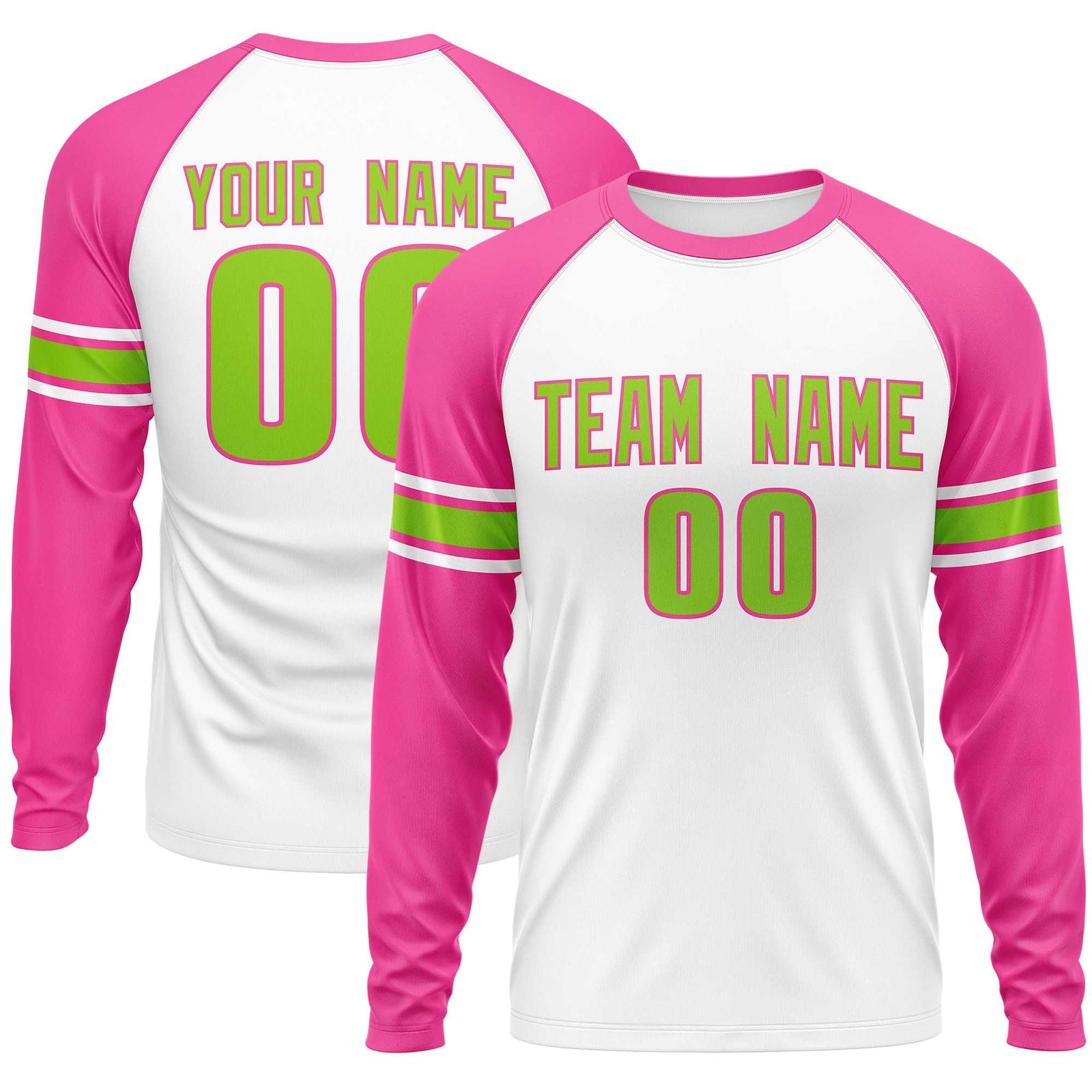 Custom White Pink Neon Green Crew Neck Personalized Raglan Long Sleeve Performance T-shirt