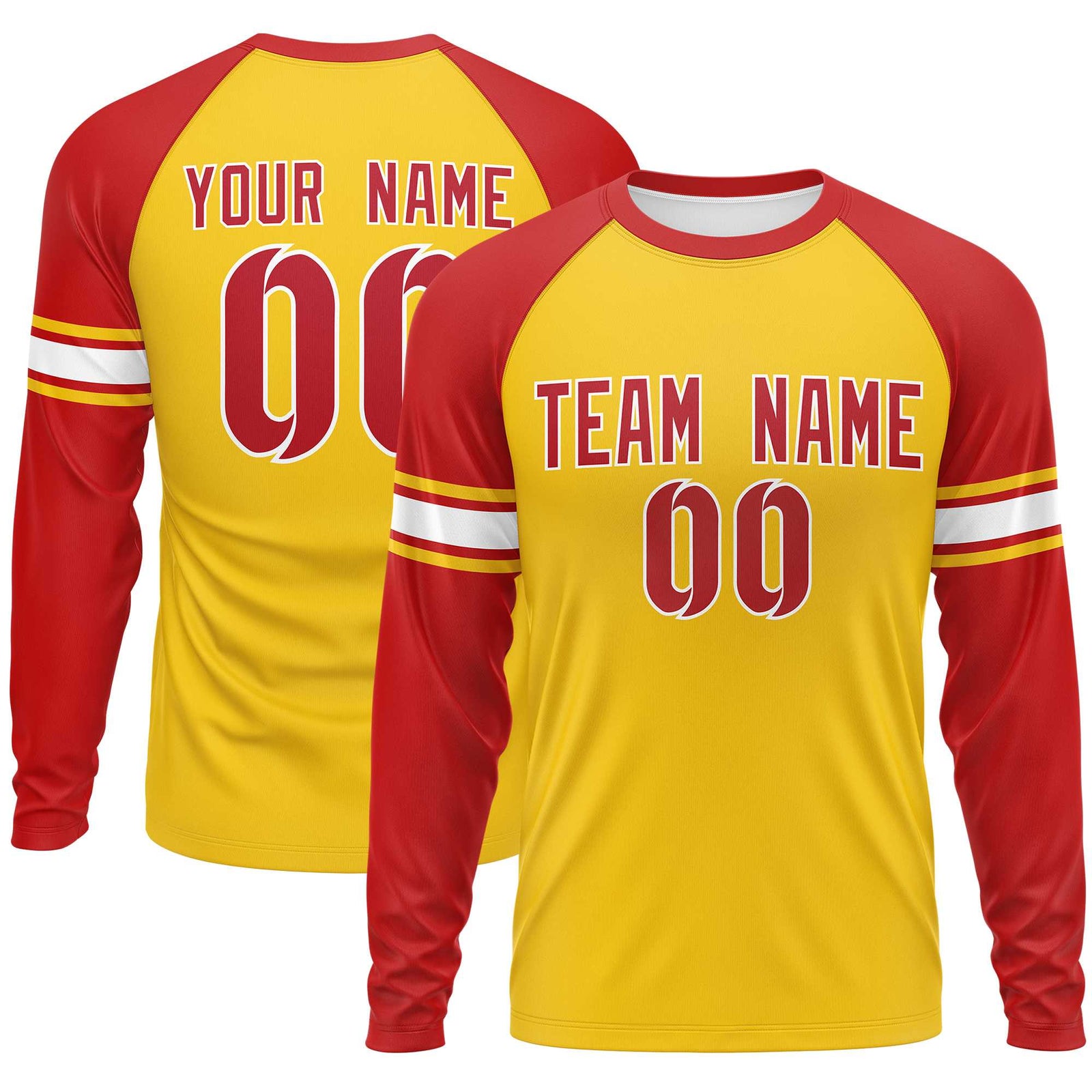 Custom Gold Red White Crew Neck Personalized Raglan Long Sleeve Performance T-shirt