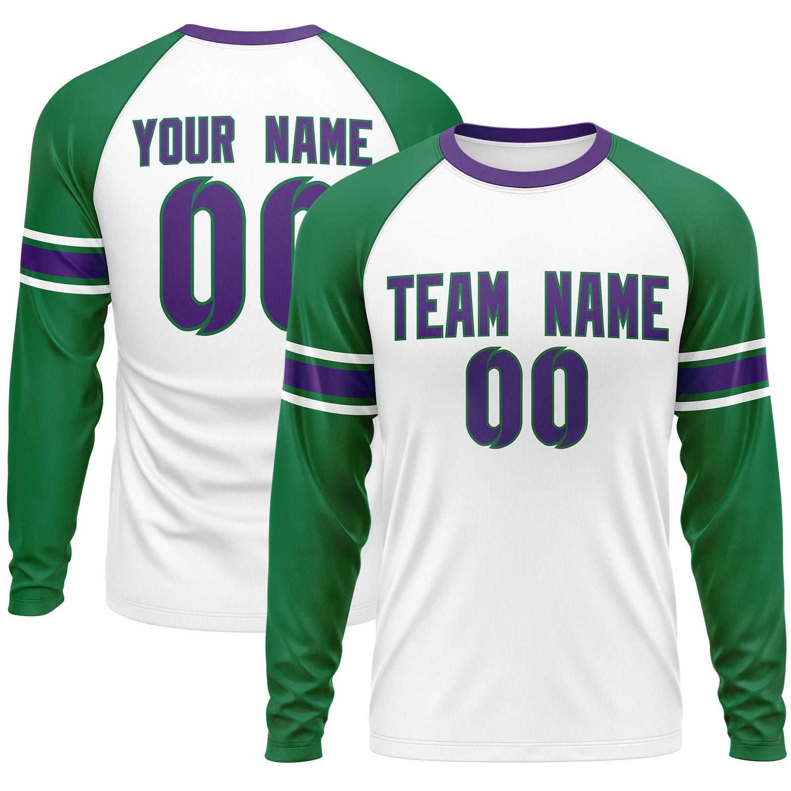 Custom White Kelly Green Purple Crew Neck Personalized Raglan Long Sleeve Performance T-shirt