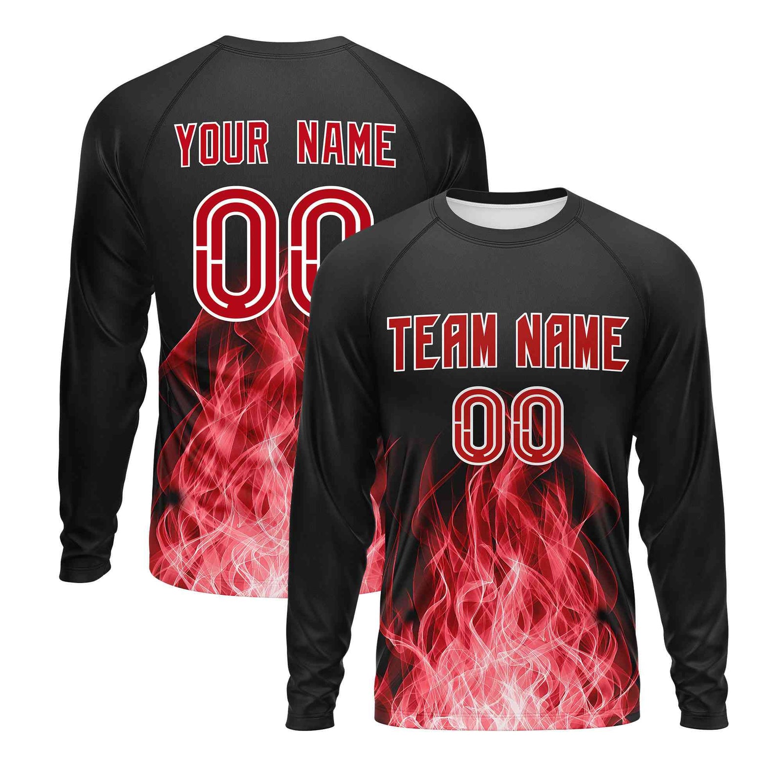 Custom Black Red Colorful Flame Pattern Long Sleeve Performance T-Shirt
