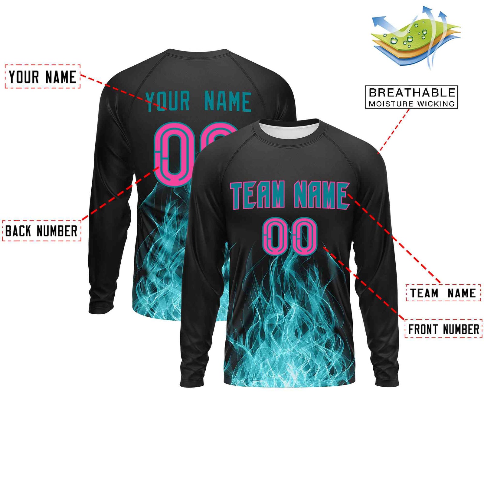 Custom Black Teal Colorful Flame Pattern Long Sleeve Performance T-Shirt