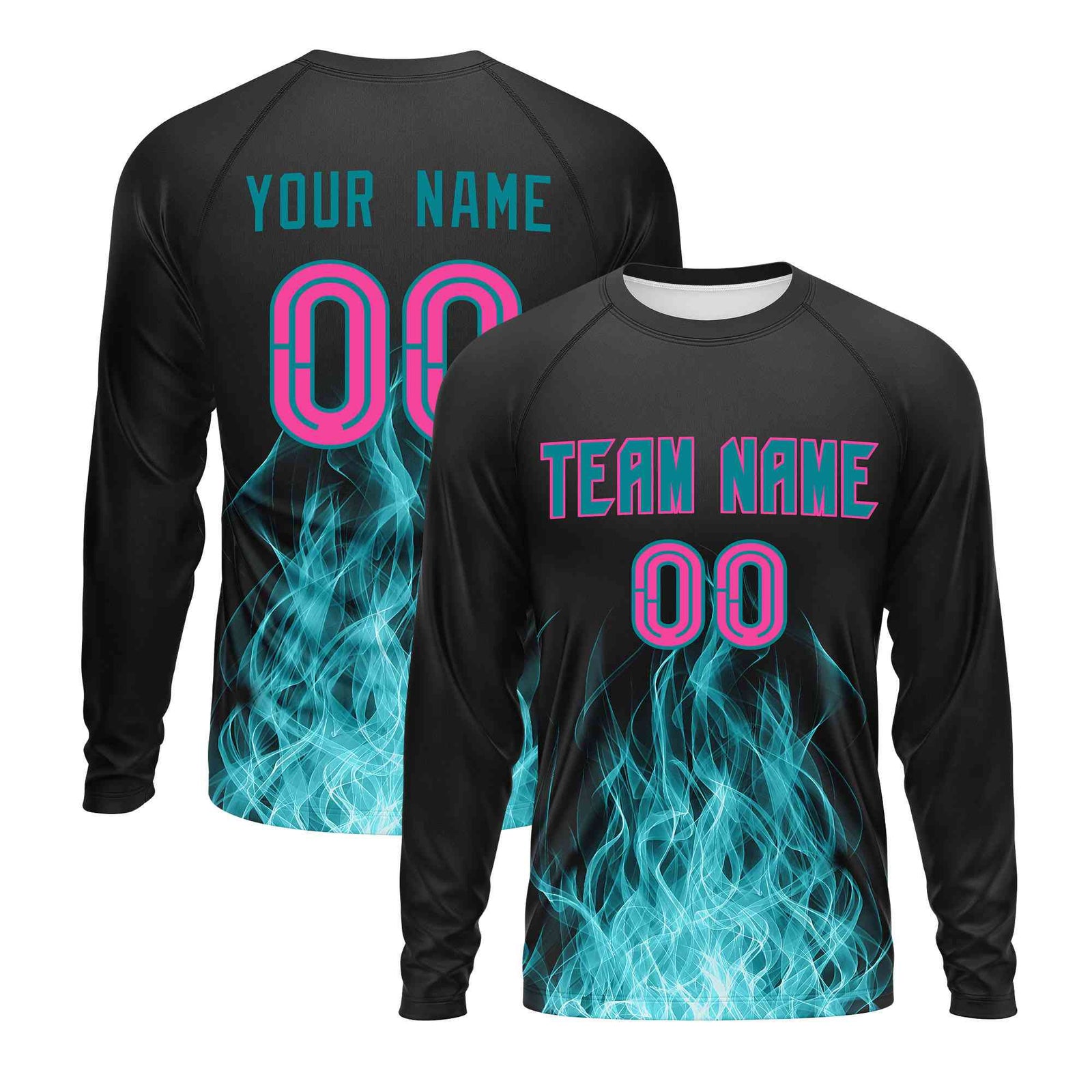 Custom Black Teal Colorful Flame Pattern Long Sleeve Performance T-Shirt